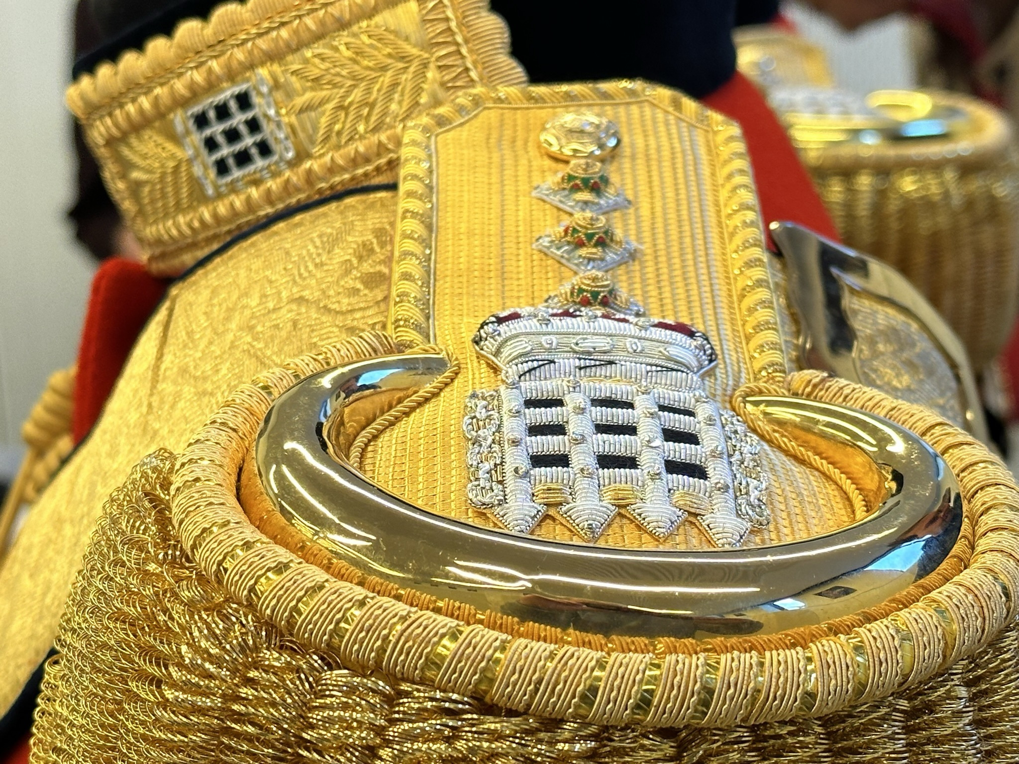 Embroidered epaulettes. Gentlemen at Arms ceremonial uniform, the ceremonial bodyguard of King Charles III, which was founded by King Henry VIII in 1509. 13-May-2023.