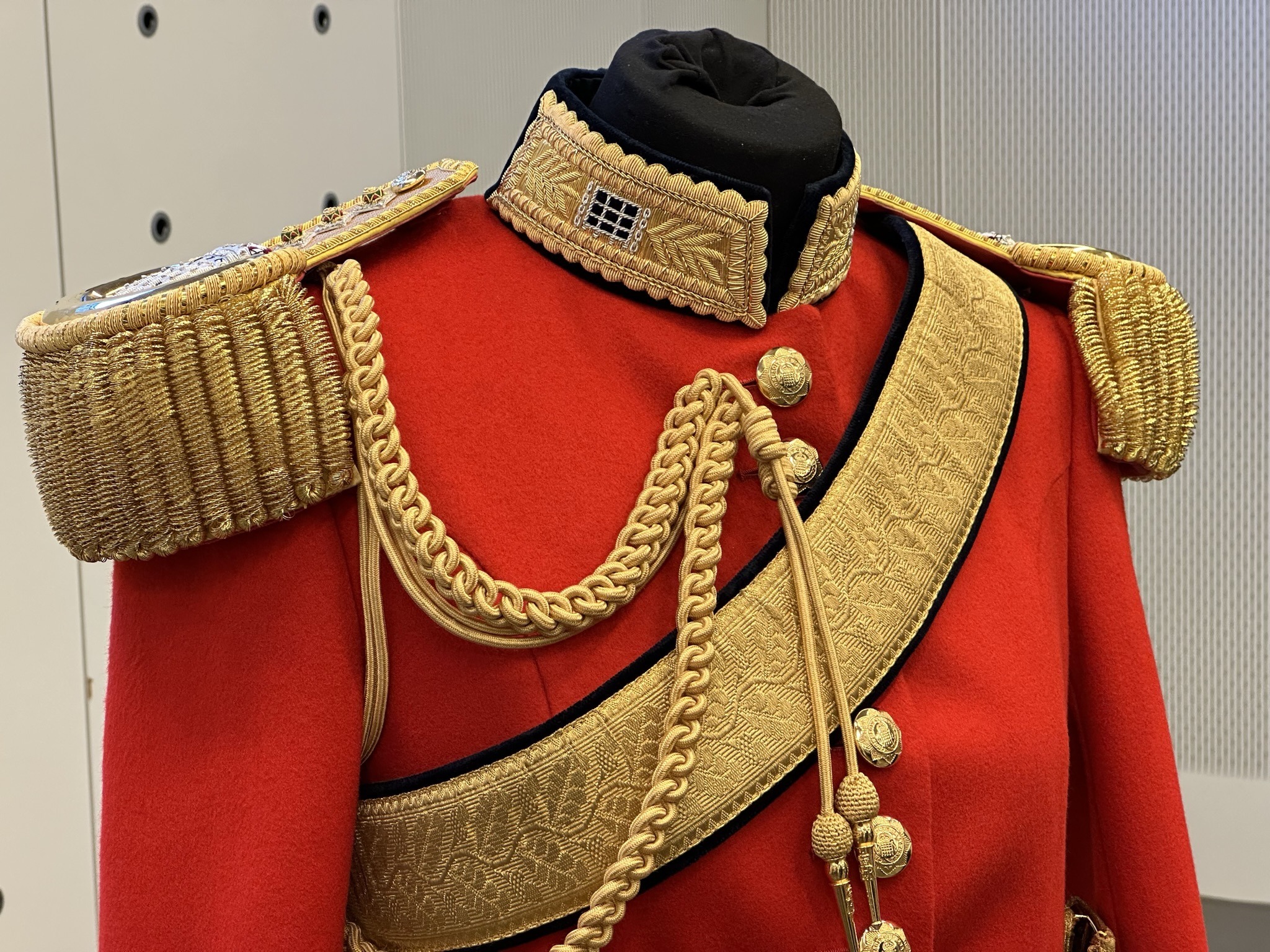 Front of the Captain's uniform showing Aiguillettes (fancy rope work). Gentlemen at Arms ceremonial uniform, the ceremonial bodyguard of King Charles III, which was founded by King Henry VIII in 1509. 13-May-2023.