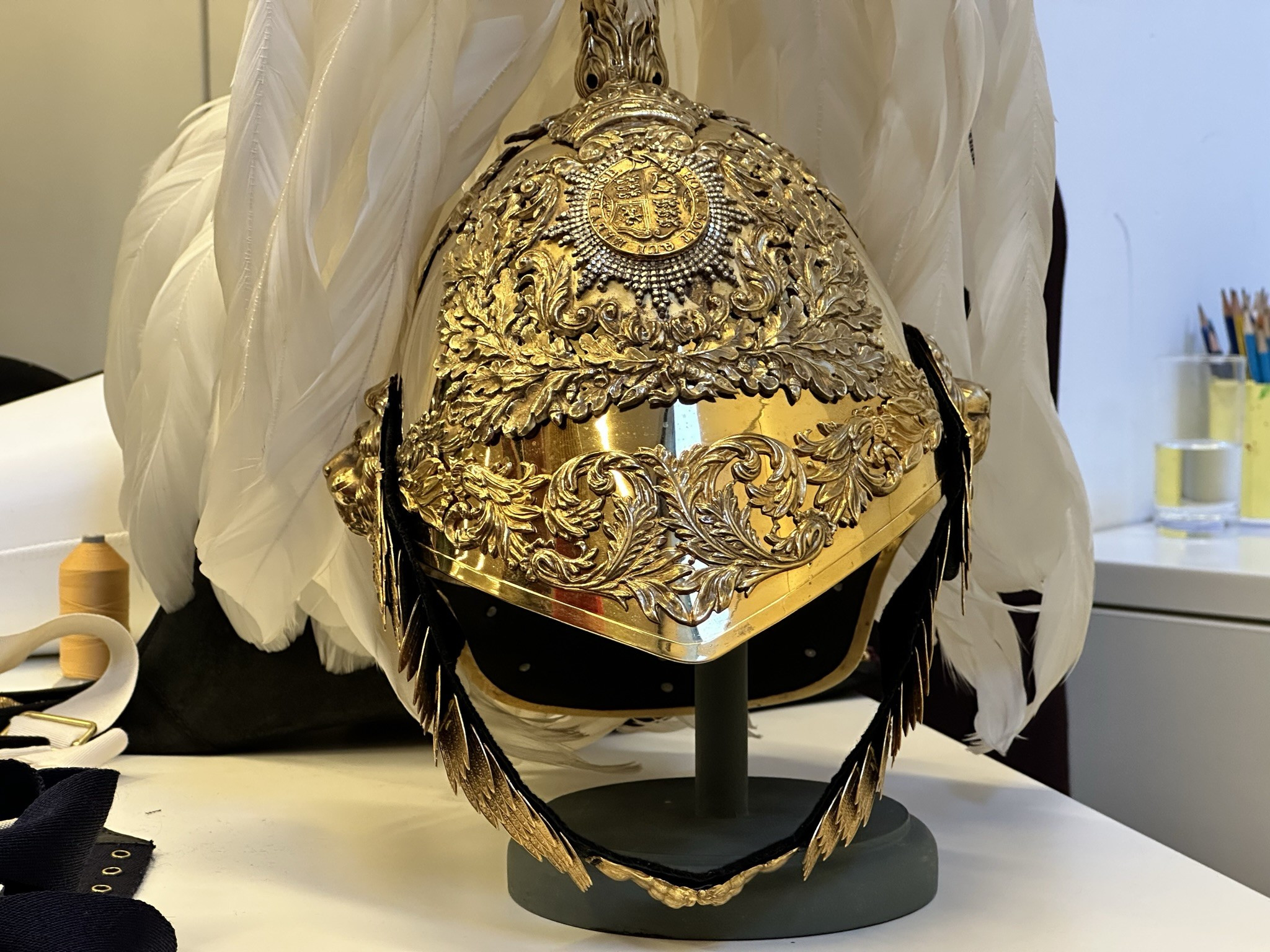 Metal helmet. Gentlemen at Arms ceremonial uniform, the ceremonial bodyguard of King Charles III, which was founded by King Henry VIII in 1509. 13-May-2023.