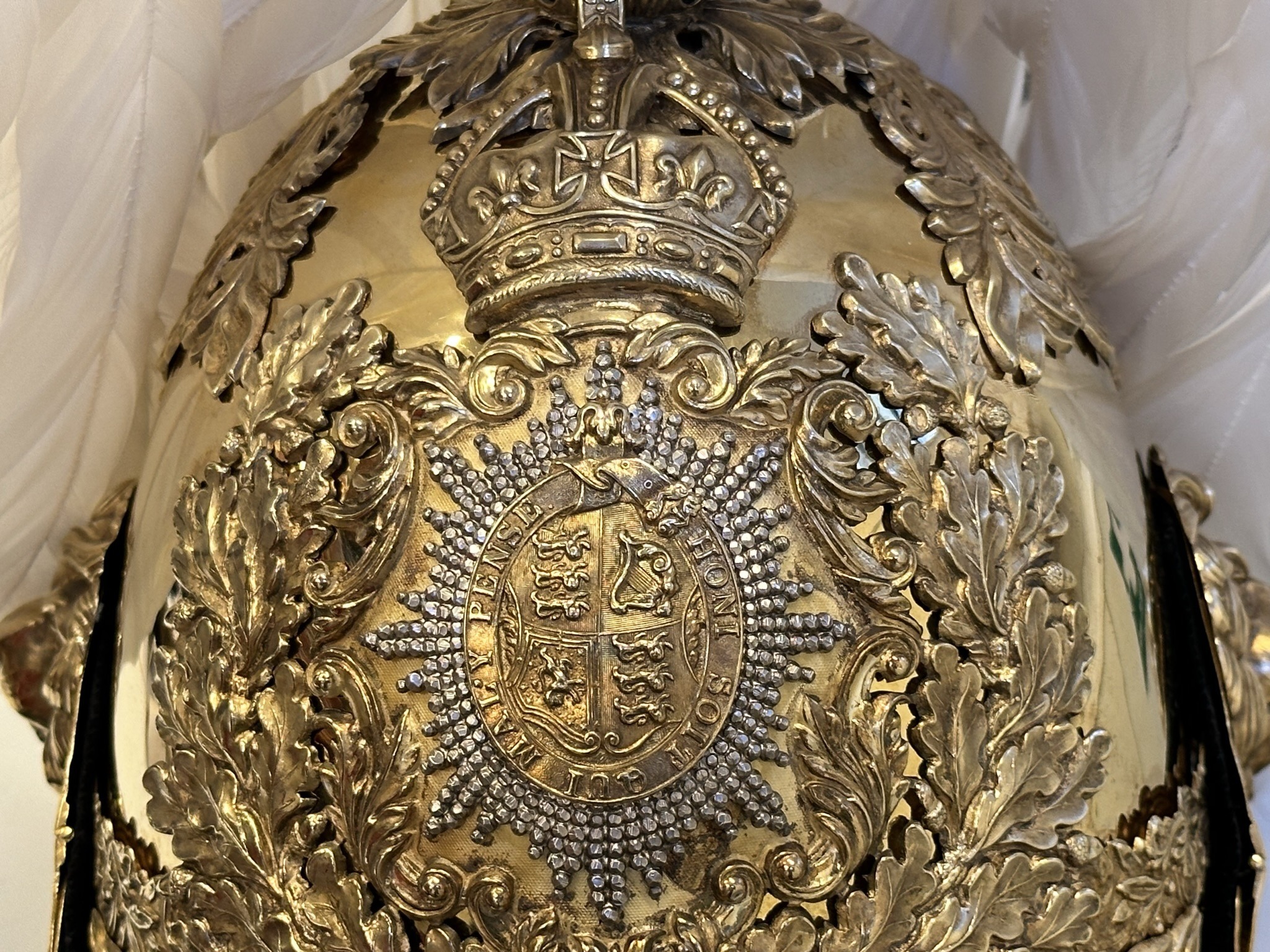Metal helmet. Gentlemen at Arms ceremonial uniform, the ceremonial bodyguard of King Charles III, which was founded by King Henry VIII in 1509. 13-May-2023.