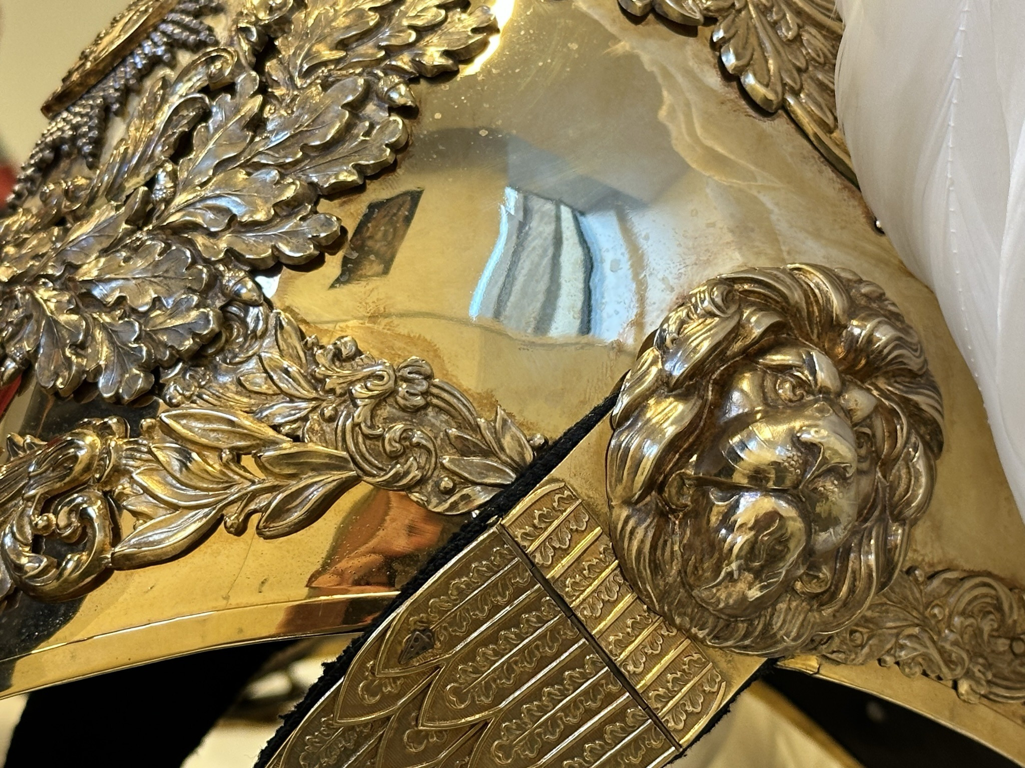 Metal helmet. Gentlemen at Arms ceremonial uniform, the ceremonial bodyguard of King Charles III, which was founded by King Henry VIII in 1509. 13-May-2023.