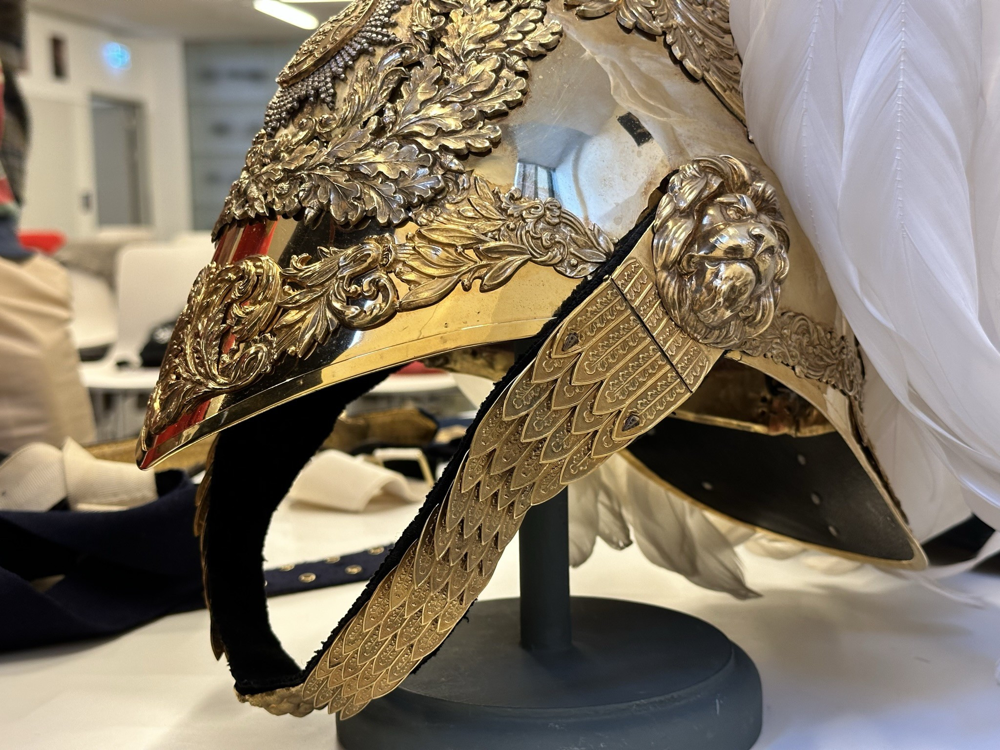 Metal helmet. Gentlemen at Arms ceremonial uniform, the ceremonial bodyguard of King Charles III, which was founded by King Henry VIII in 1509. 13-May-2023.