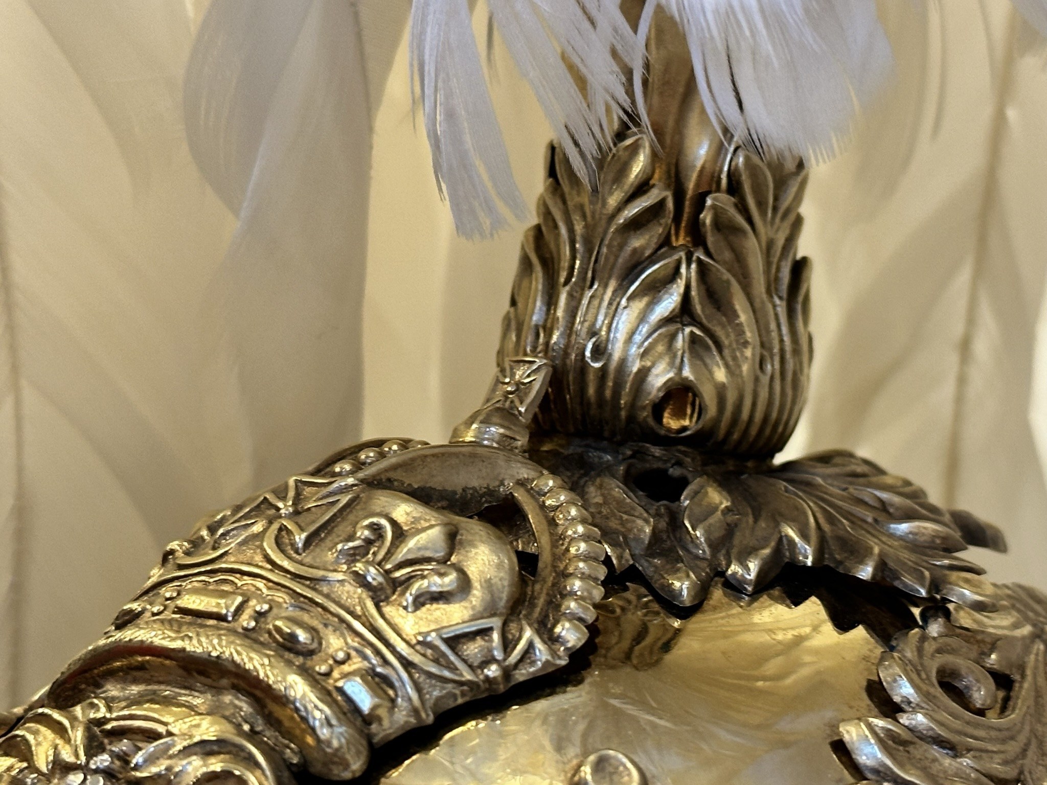 Metal helmet. Gentlemen at Arms ceremonial uniform, the ceremonial bodyguard of King Charles III, which was founded by King Henry VIII in 1509. 13-May-2023.