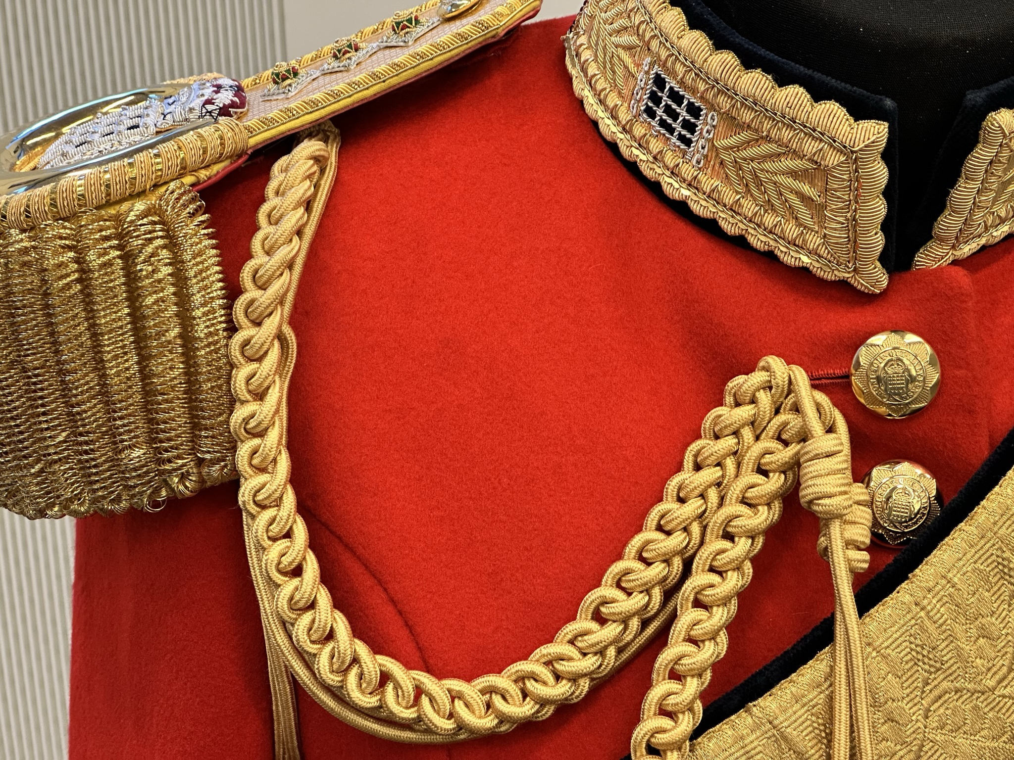 Aiguillettes (fancy rope work). Gentlemen at Arms ceremonial uniform, the ceremonial bodyguard of King Charles III, which was founded by King Henry VIII in 1509. 13-May-2023.