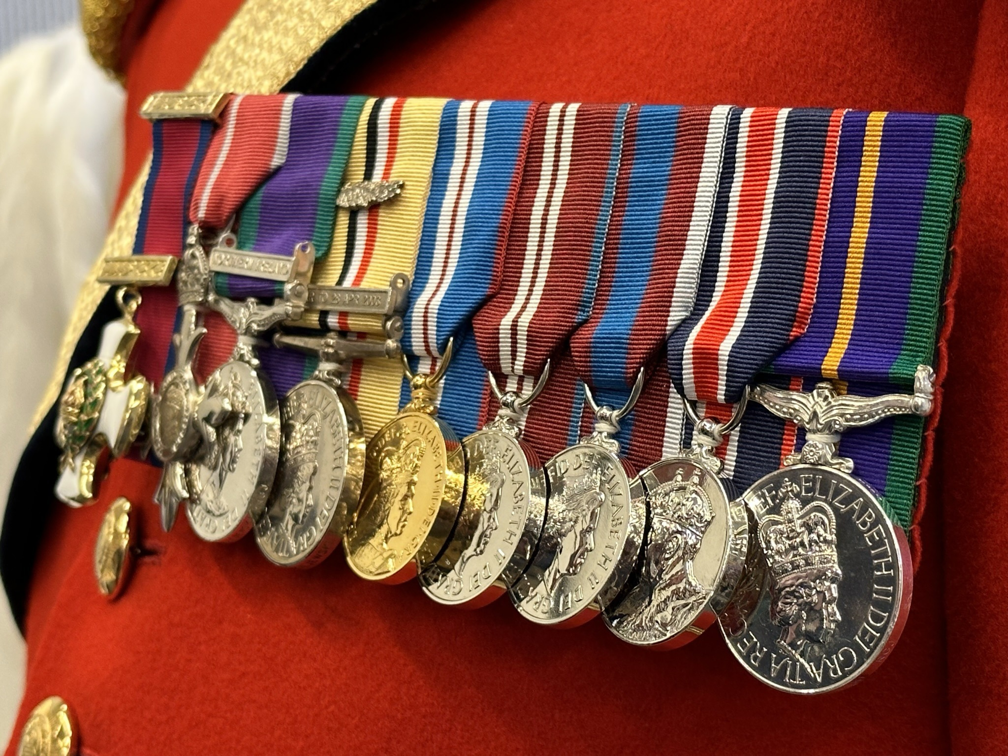 Distinguished Service Order, Order of the British Empire, General Service Medal with Northern Ireland Clasp, Iraq Campaign Medal with Oak Leaf denoting a Mention in Dispatches, Queen Elizabeth II Golden Jubilee Medal, Queen Elizabeth II Diamond Jubilee Medal, Queen Elizabeth II Platinum Jubilee Medal, King Charles III Coronation Medal, Accumulated Campaign Service Medal. Mounted medals. Gentlemen at Arms ceremonial uniform, the ceremonial bodyguard of King Charles III, which was founded by King Henry VIII in 1509. 13-May-2023.