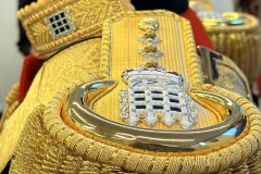 Embroidered epaulettes. Gentlemen at Arms ceremonial uniform, the ceremonial bodyguard of King Charles III, which was founded by King Henry VIII in 1509. 13-May-2023.