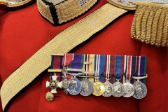 Distinguished Service Order, Order of the British Empire, General Service Medal with Northern Ireland Clasp, Iraq Campaign Medal with Oak Leaf denoting a Mention in Dispatches, Queen Elizabeth II Golden Jubilee Medal, Queen Elizabeth II Diamond Jubilee Medal, Queen Elizabeth II Platinum Jubilee Medal, King Charles III Coronation Medal, Accumulated Campaign Service Medal. Mounted medals. Gentlemen at Arms ceremonial uniform, the ceremonial bodyguard of King Charles III, which was founded by King Henry VIII in 1509. 13-May-2023.
