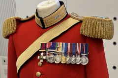 Distinguished Service Order, Order of the British Empire, General Service Medal with Northern Ireland Clasp, Iraq Campaign Medal with Oak Leaf denoting a Mention in Dispatches, Queen Elizabeth II Golden Jubilee Medal, Queen Elizabeth II Diamond Jubilee Medal, Queen Elizabeth II Platinum Jubilee Medal, King Charles III Coronation Medal, Accumulated Campaign Service Medal. Mounted medals. Gentlemen at Arms ceremonial uniform, the ceremonial bodyguard of King Charles III, which was founded by King Henry VIII in 1509. 13-May-2023.