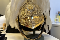 Metal helmet. Gentlemen at Arms ceremonial uniform, the ceremonial bodyguard of King Charles III, which was founded by King Henry VIII in 1509. 13-May-2023.