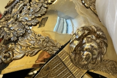 Metal helmet. Gentlemen at Arms ceremonial uniform, the ceremonial bodyguard of King Charles III, which was founded by King Henry VIII in 1509. 13-May-2023.