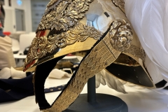 Metal helmet. Gentlemen at Arms ceremonial uniform, the ceremonial bodyguard of King Charles III, which was founded by King Henry VIII in 1509. 13-May-2023.