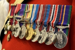 Distinguished Service Order, Order of the British Empire, General Service Medal with Northern Ireland Clasp, Iraq Campaign Medal with Oak Leaf denoting a Mention in Dispatches, Queen Elizabeth II Golden Jubilee Medal, Queen Elizabeth II Diamond Jubilee Medal, Queen Elizabeth II Platinum Jubilee Medal, King Charles III Coronation Medal, Accumulated Campaign Service Medal. Mounted medals. Gentlemen at Arms ceremonial uniform, the ceremonial bodyguard of King Charles III, which was founded by King Henry VIII in 1509. 13-May-2023.