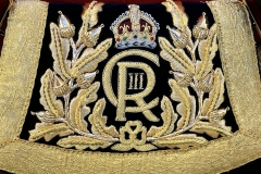 Pouch featuring the Royal Cipher of King Charles III. CRIII. CR3.  Gentlemen at Arms ceremonial uniform, the ceremonial bodyguard of King Charles III, which was founded by King Henry VIII in 1509. 13-May-2023.