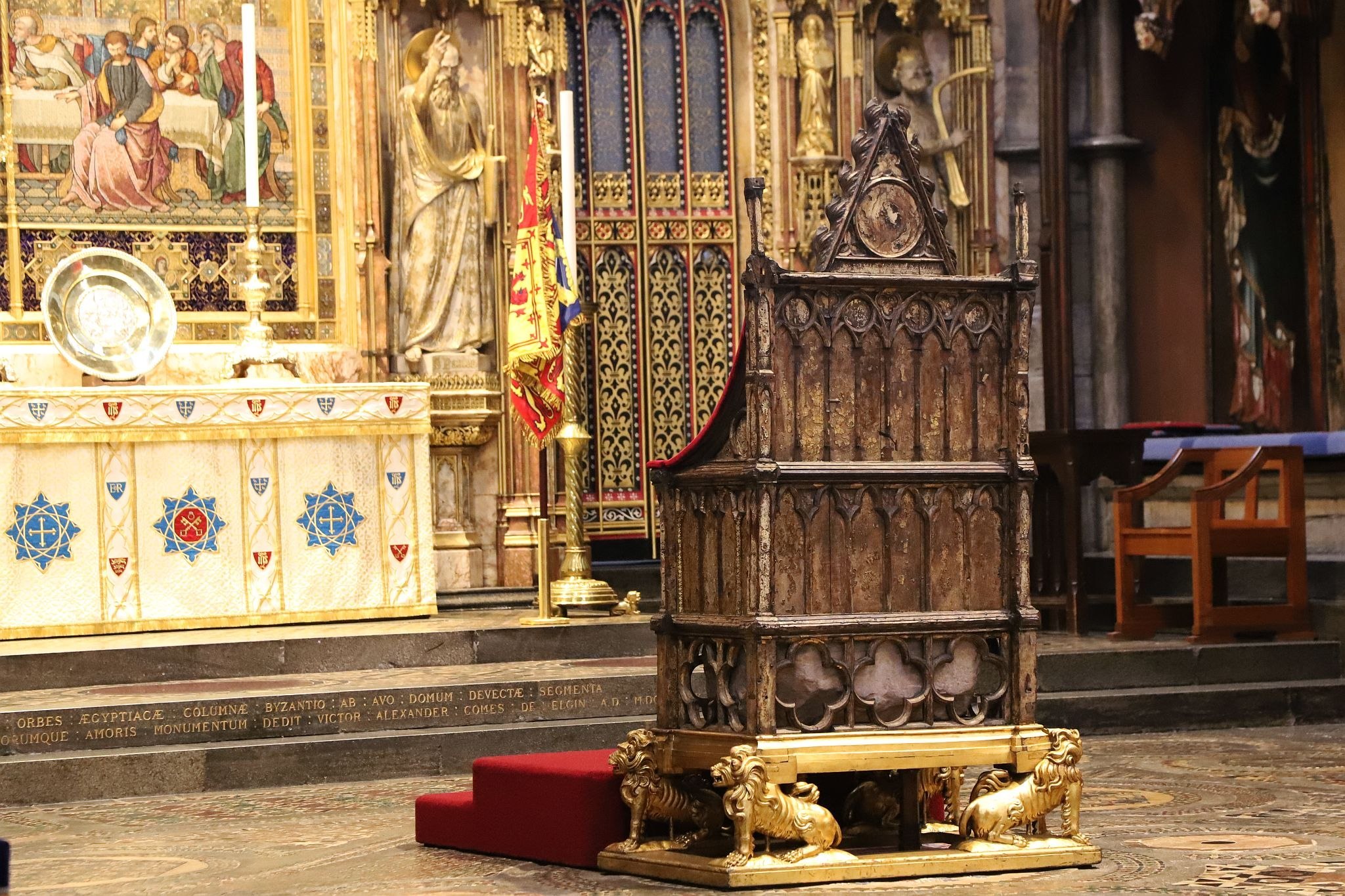 The Coronation Chair (St Edward's Chair or King Edward's Chair) dating from 1300. The Coronation Theatre at Westminster Abbey after the Coronation of King Charles III and Queen Camilla. 14-May-2023.