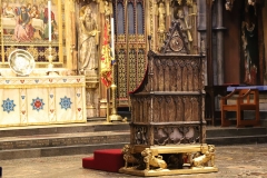 The Coronation Chair (St Edward's Chair or King Edward's Chair) dating from 1300. The Coronation Theatre at Westminster Abbey after the Coronation of King Charles III and Queen Camilla. 14-May-2023.