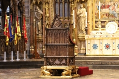 The Coronation Chair (St Edward's Chair or King Edward's Chair) dating from 1300. The Coronation Theatre at Westminster Abbey after the Coronation of King Charles III and Queen Camilla. 14-May-2023.