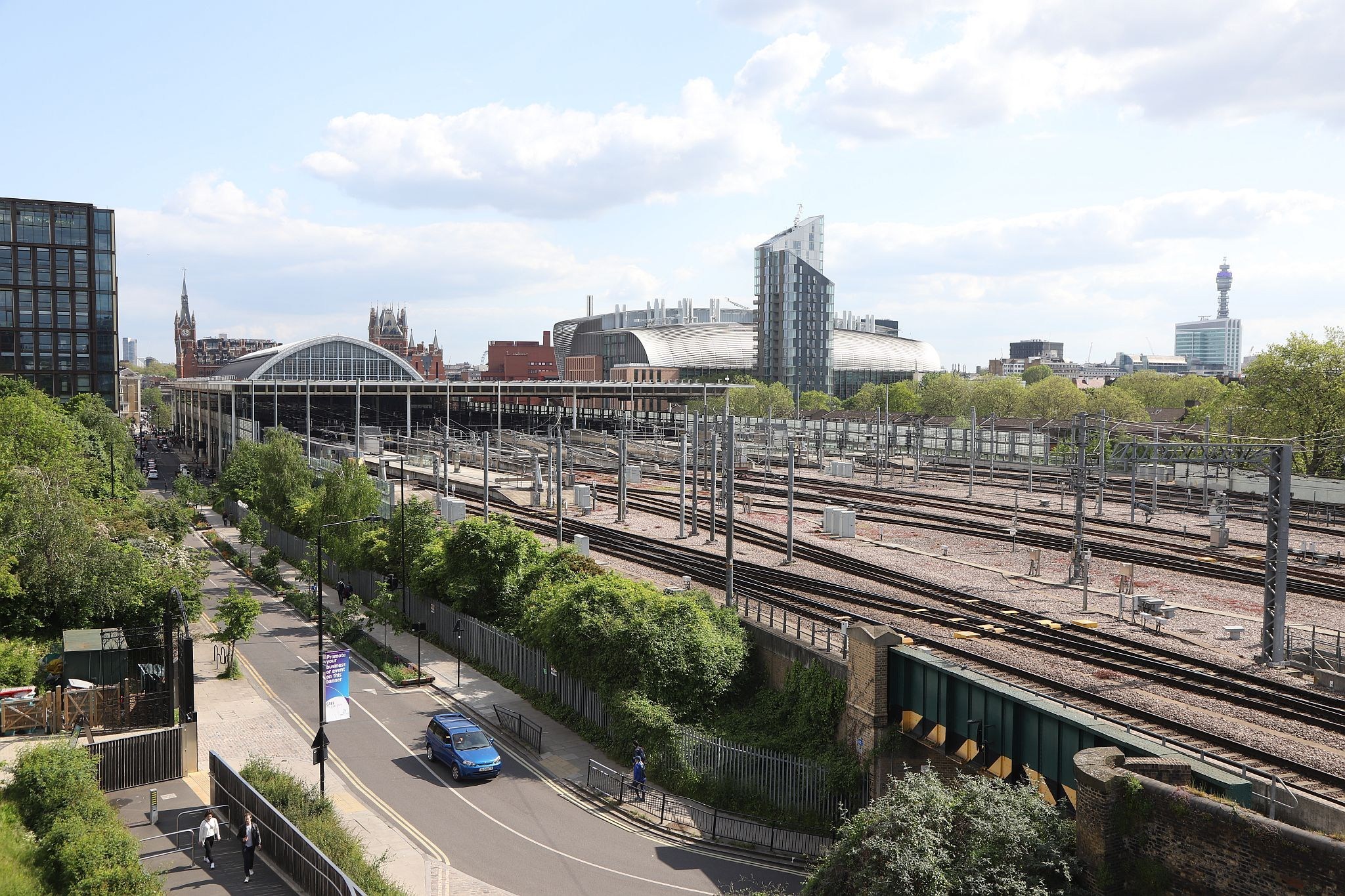 The view looking South West from the St Pancras waterpoint. Water tower. King's Cross. Coal Drops Yard. Regents Canal. 20-May-2023.