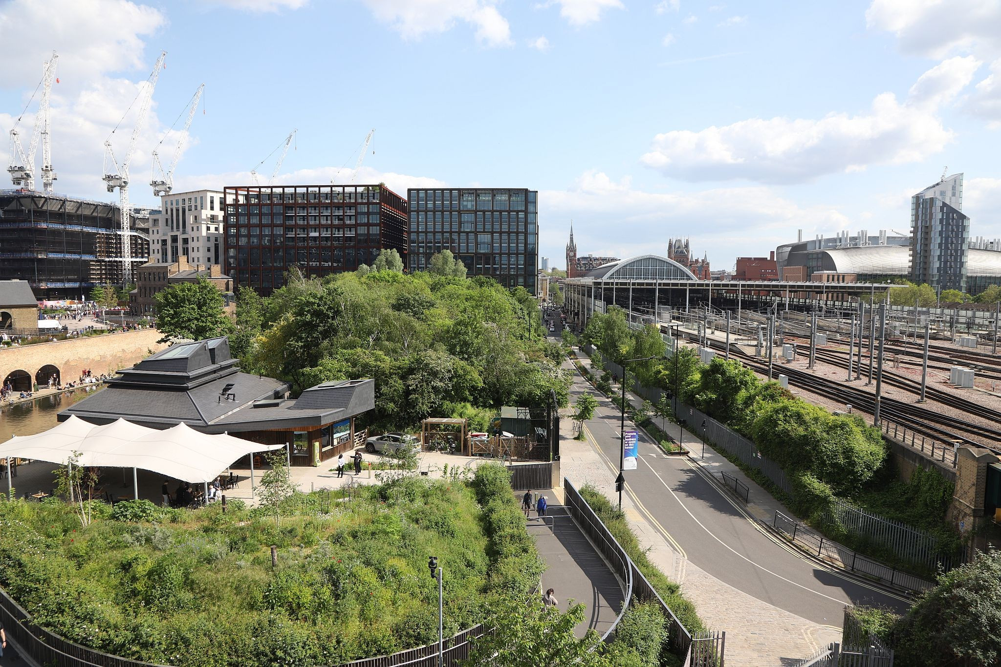 The view looking South from the St Pancras waterpoint. Water tower. King's Cross. Coal Drops Yard. Regents Canal. 20-May-2023.