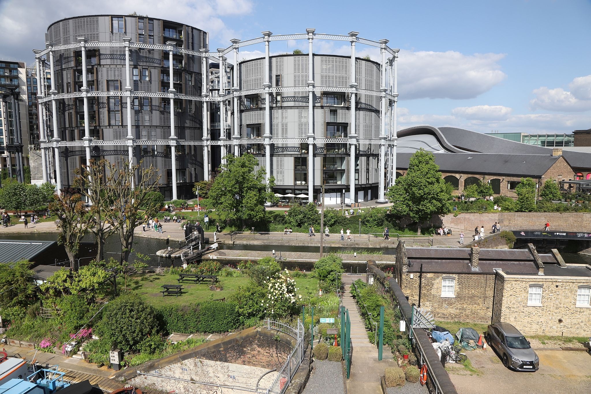 The view of Coal Drops Yard looking East from the St Pancras waterpoint. Water tower. King's Cross. Coal Drops Yard. Regents Canal. 20-May-2023.