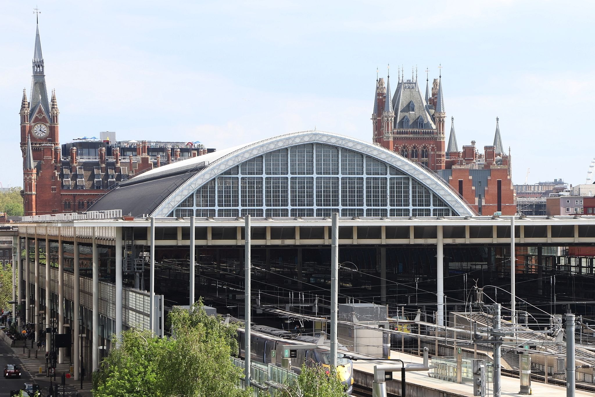 St Pancras station viewed from the St Pancras waterpoint. Water tower. King's Cross. Coal Drops Yard. Regents Canal. 20-May-2023.