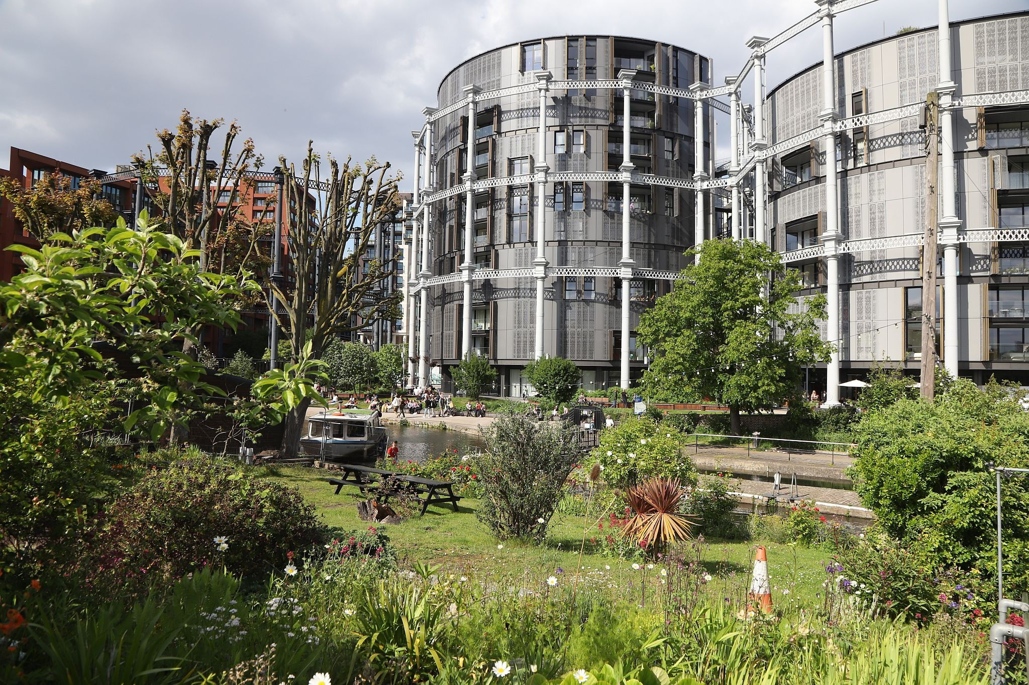 The King's Cross gas holders viewed from St Pancras waterpoint. Water tower. King's Cross. Coal Drops Yard. Regents Canal. 20-May-2023.