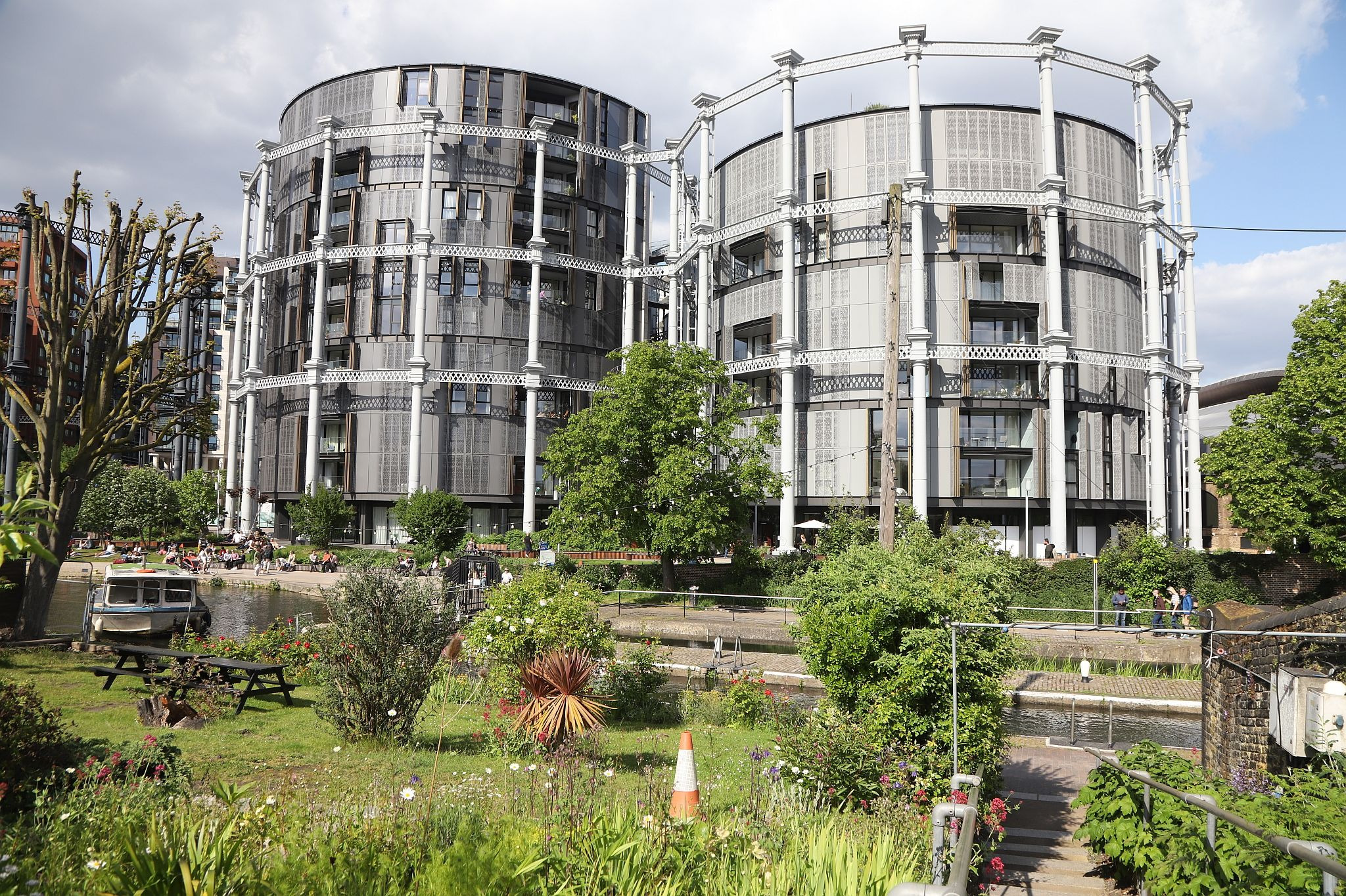 The King's Cross gas holders viewed from St Pancras waterpoint. Water tower. King's Cross. Coal Drops Yard. Regents Canal. 20-May-2023.
