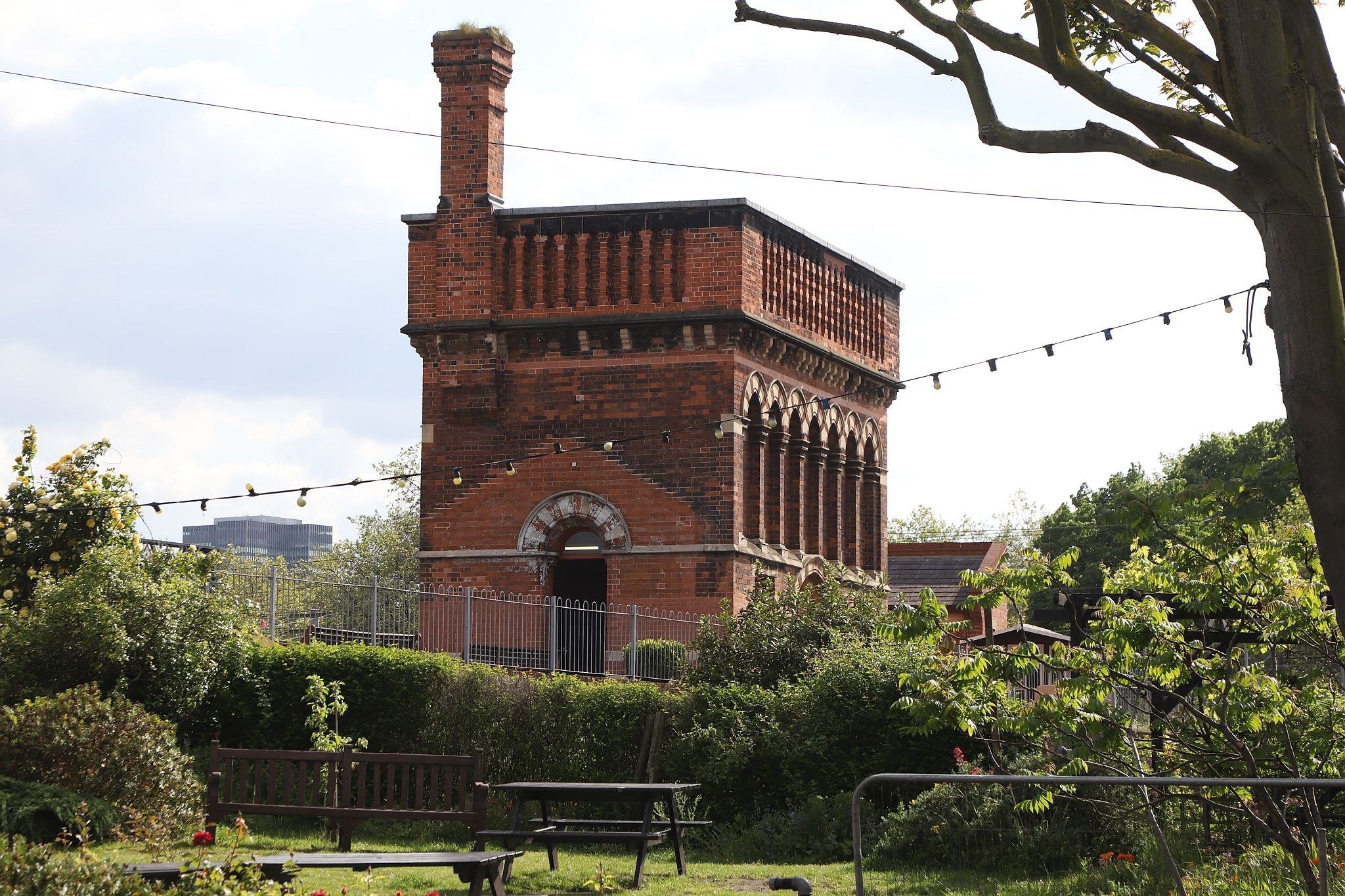 View of the St Pancras waterpoint. Water tower. King's Cross. Coal Drops Yard. Regents Canal. 20-May-2023.