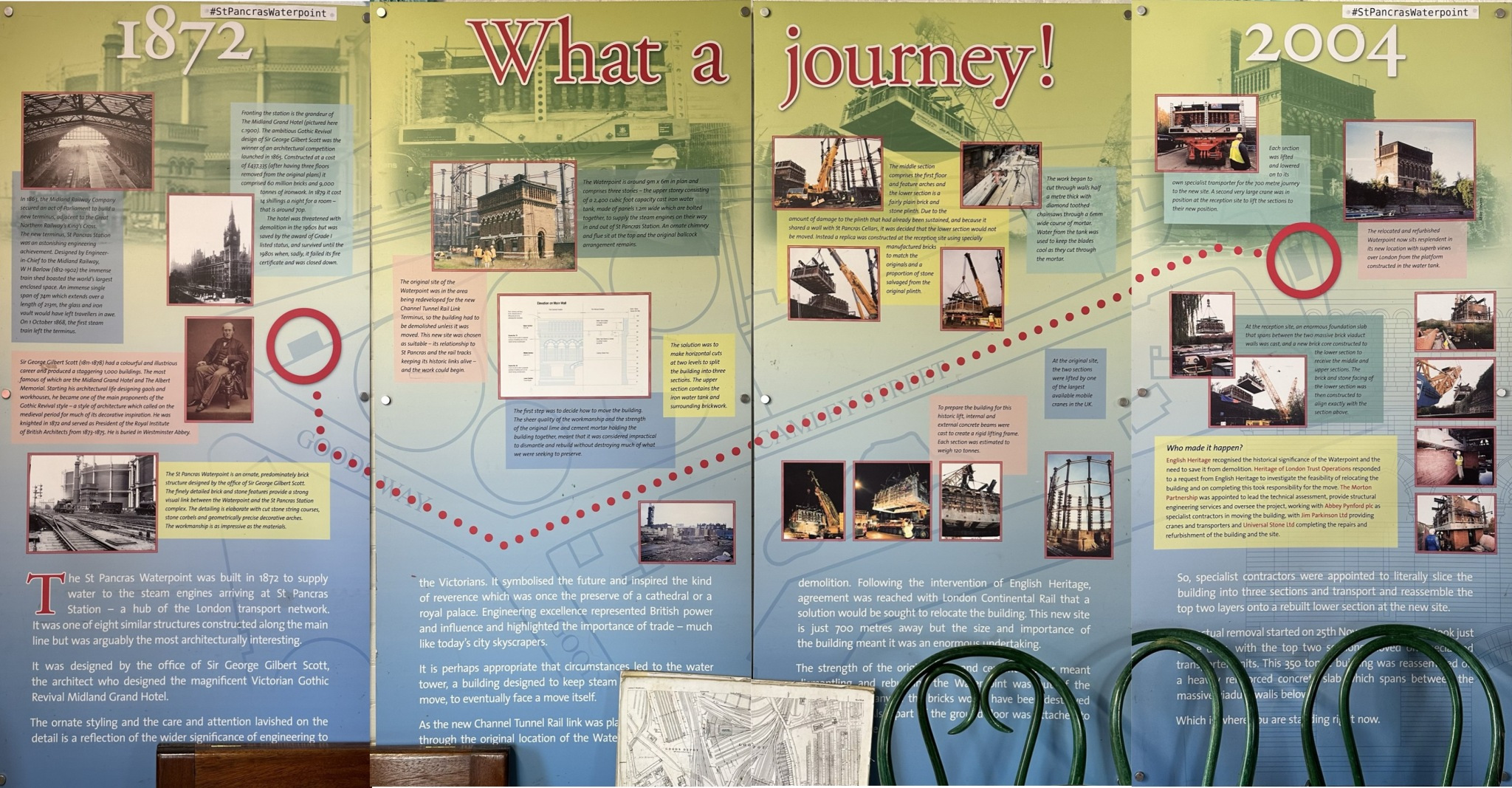 The information panels on the ground floor of the St Pancras waterpoint. Water tower. King's Cross. Coal Drops Yard. Regents Canal. 20-May-2023.