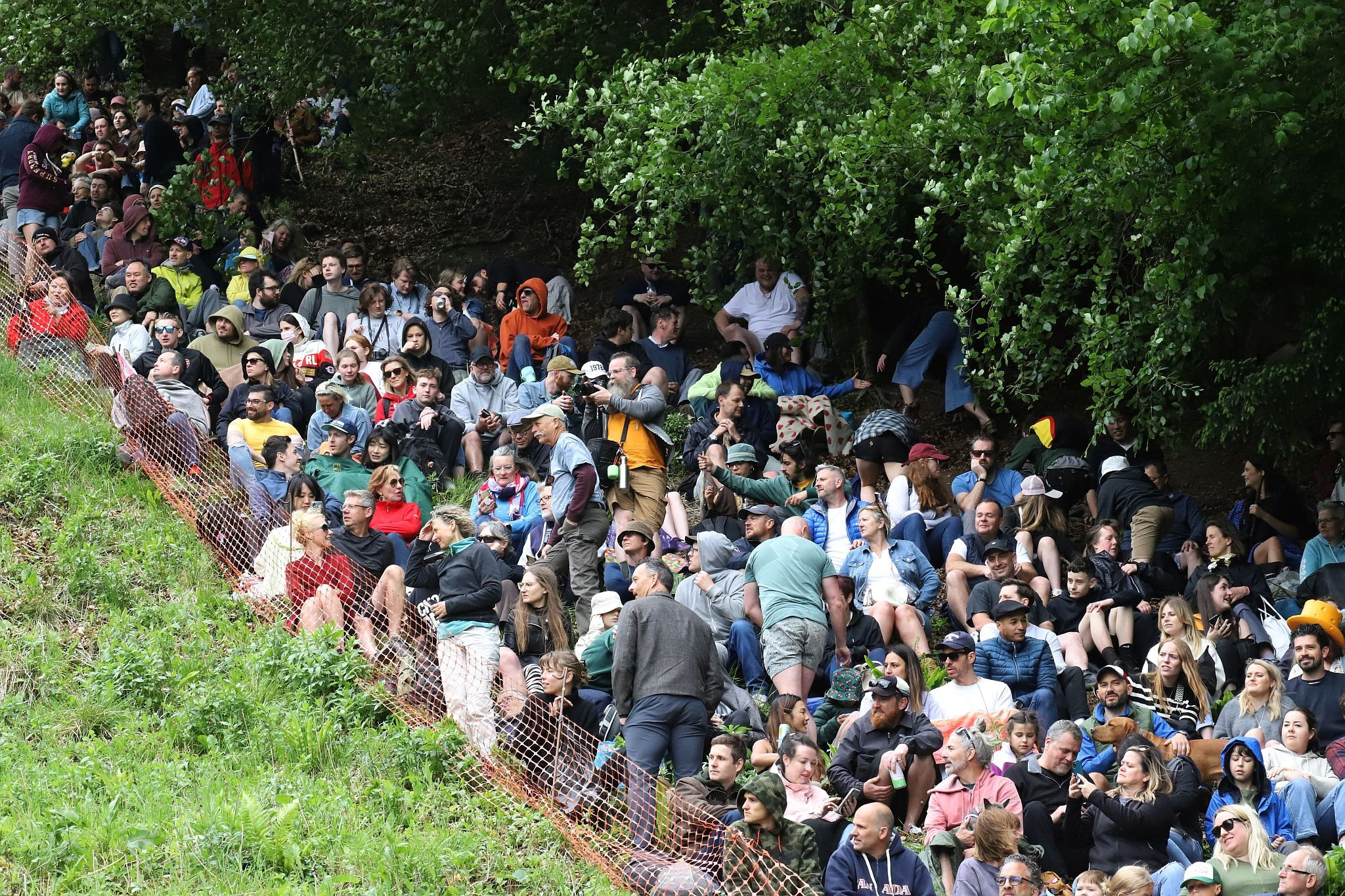Crowds of spectators. Coopers Hill Cheese Rolling Race. 29-May-2023. Race downhill. Gloucestershire tradition.