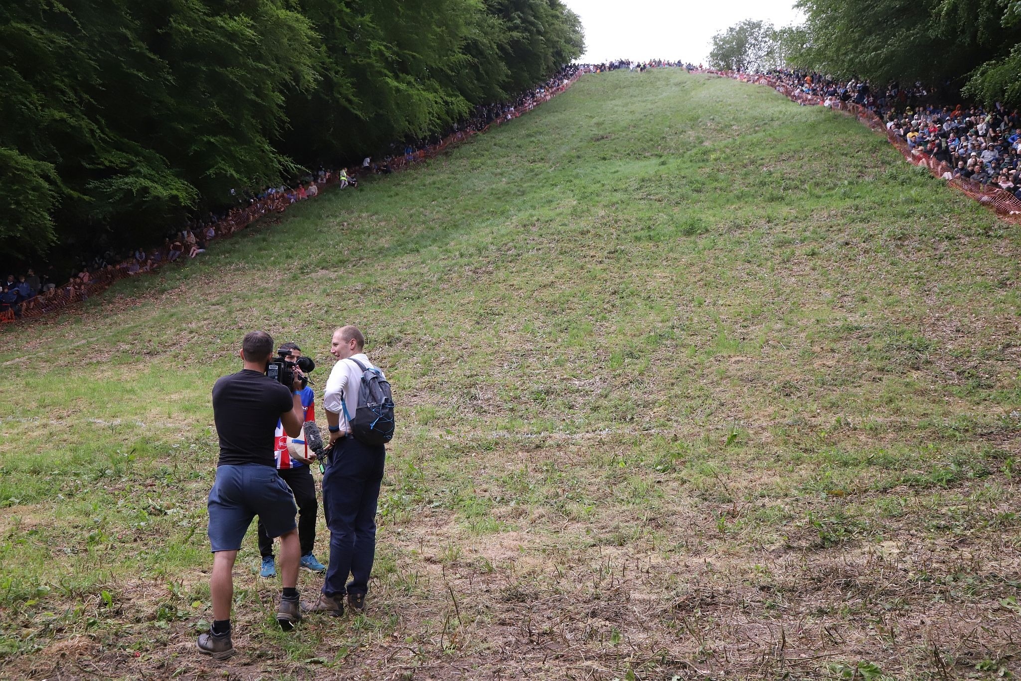 TV/Film crew. Coopers Hill Cheese Rolling Race. 29-May-2023. Race downhill. Gloucestershire tradition.