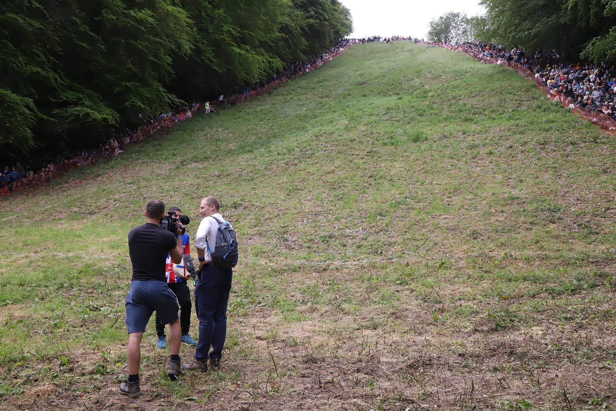 TV/Film crew. Coopers Hill Cheese Rolling Race. 29-May-2023. Race downhill. Gloucestershire tradition.