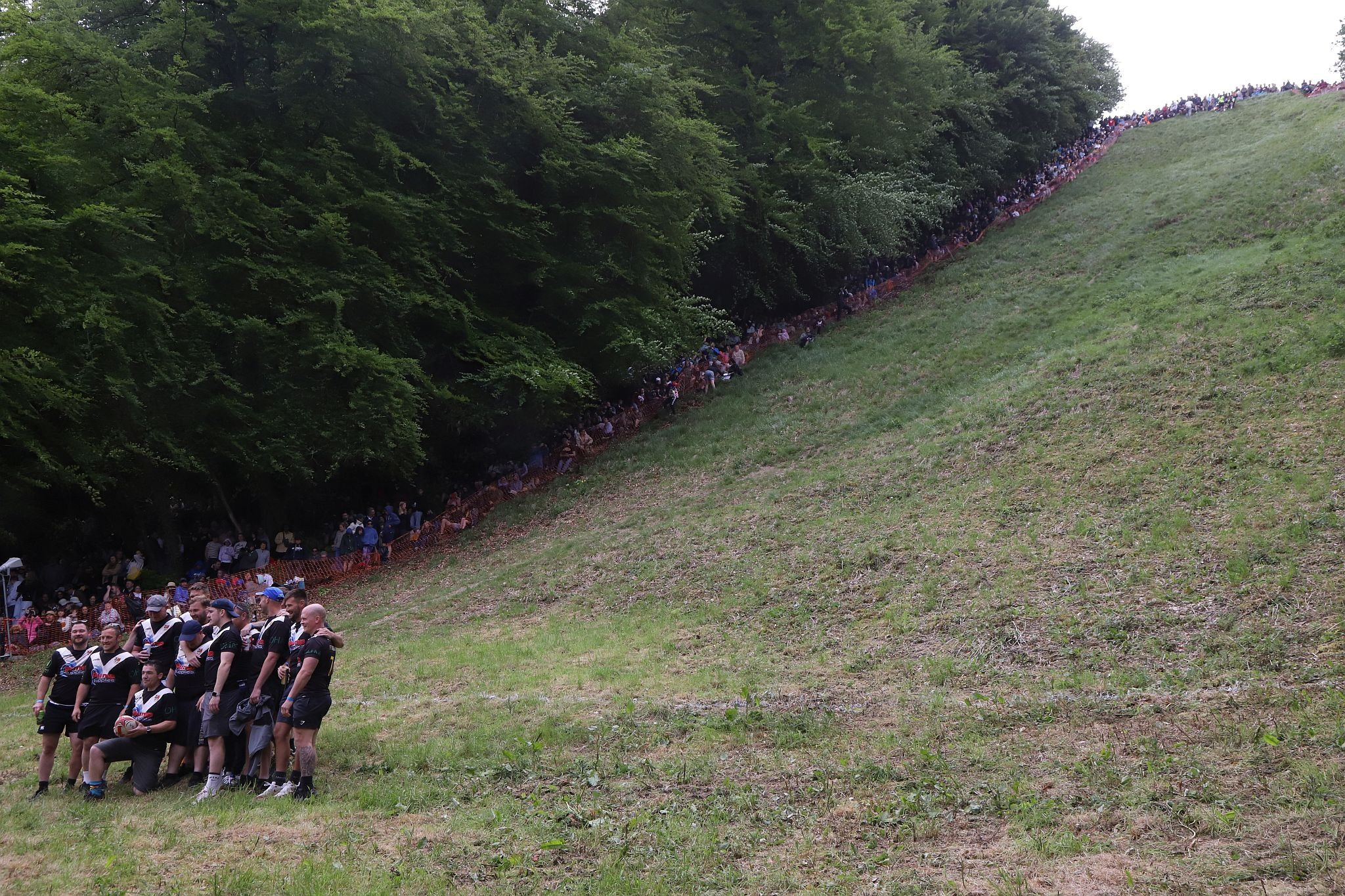 Brockworth Rugby Club catchers. Coopers Hill Cheese Rolling Race. 29-May-2023. Race downhill. Gloucestershire tradition.