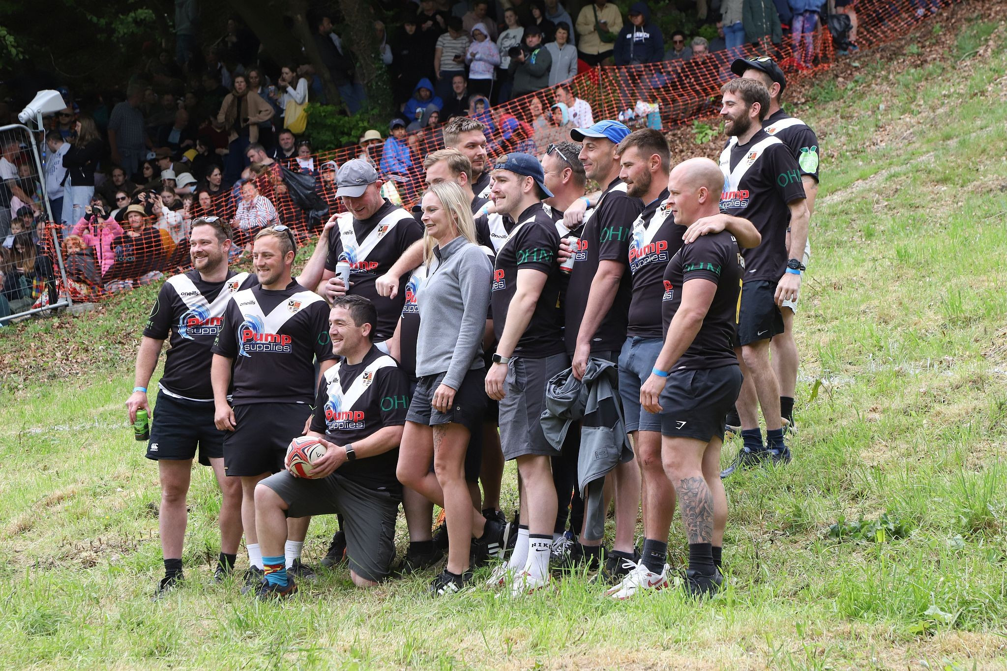 Brockworth Rugby Club catchers. Coopers Hill Cheese Rolling Race. 29-May-2023. Race downhill. Gloucestershire tradition.