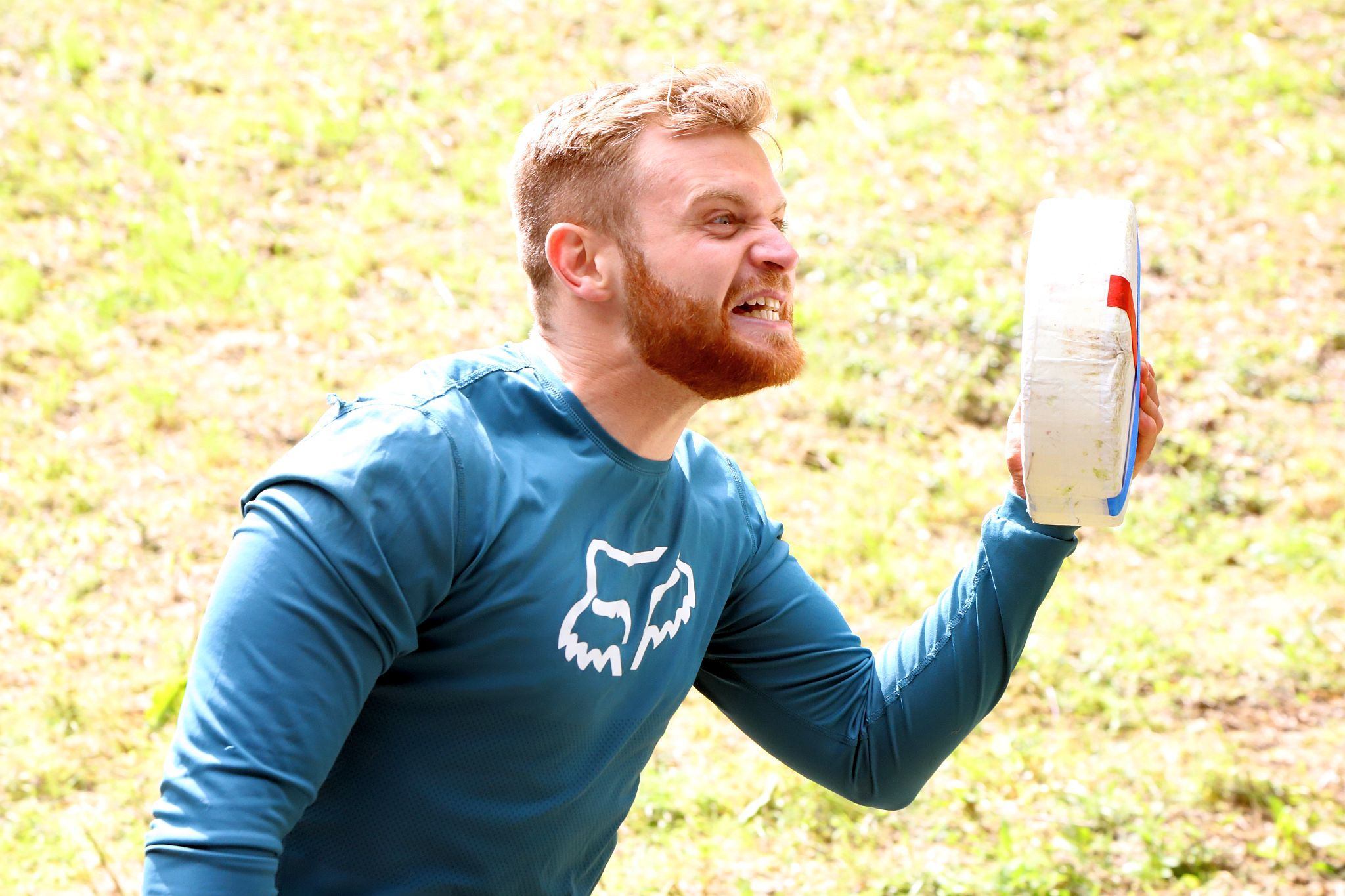 A winner. Coopers Hill Cheese Rolling Race. 29-May-2023. Race downhill. Gloucestershire tradition.