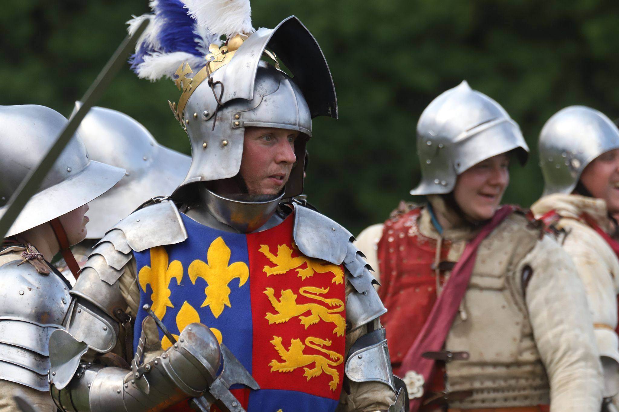 2023 Battle of Barnet Re-enactment, Wars of the Roses. Medieval re-enactors. Swords, armour, knights. King. Royal.