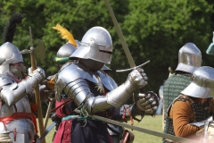 2023 Battle of Barnet Re-enactment, Wars of the Roses. Medieval re-enactors. Swords, armour, knights.