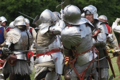 2023 Battle of Barnet Re-enactment, Wars of the Roses. Medieval re-enactors. Swords, armour, knights.