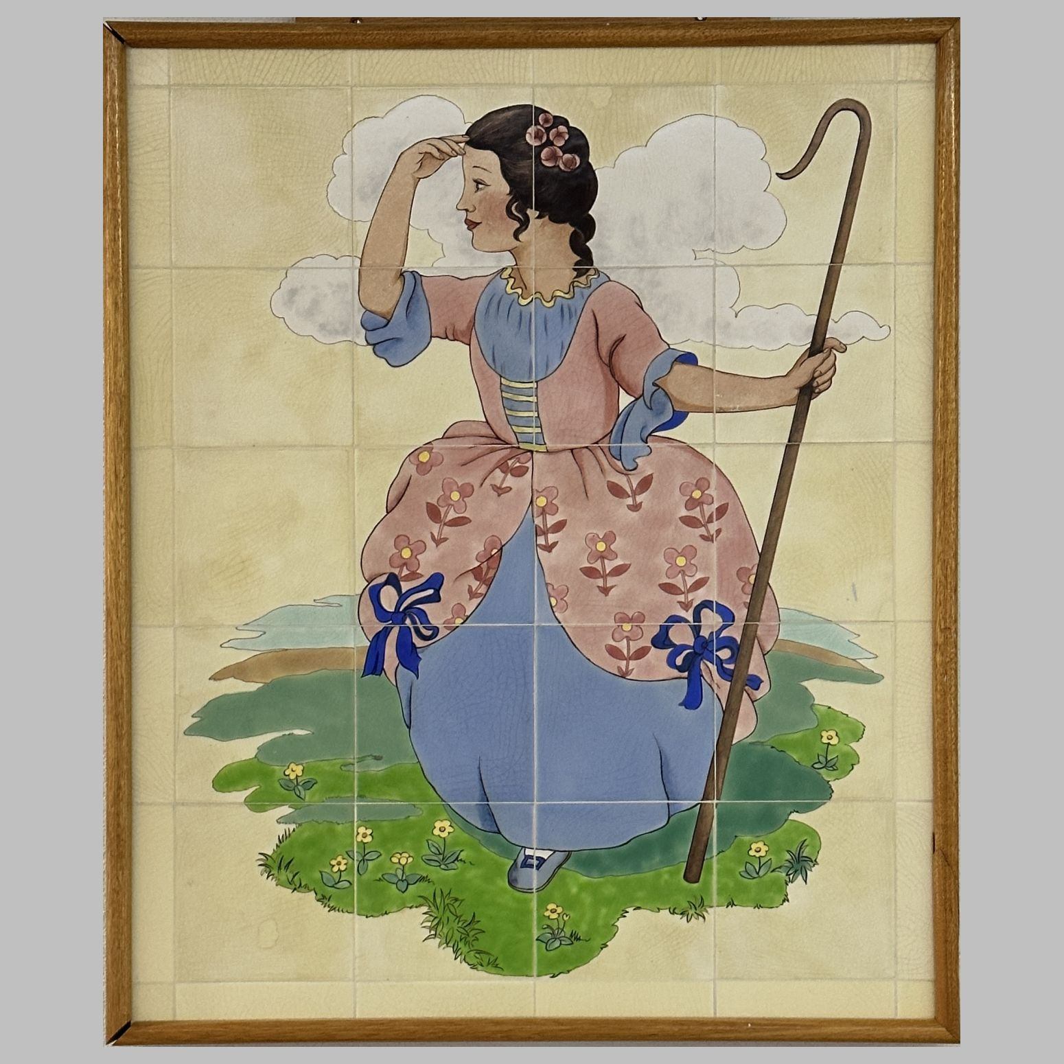 Little Bo Peep Jack nursery rhyme fairy tale scene painted on Doulton tiles (commissioned around 1900) from the Evelina Children's Hospital displayed in Guys' hospital.