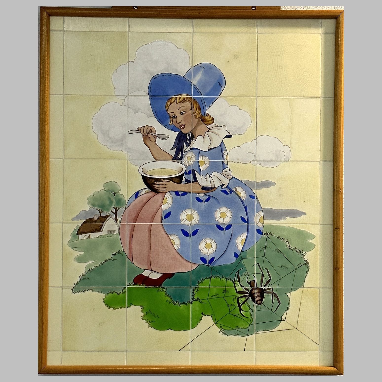 Little Miss Muffet nursery rhyme fairy tale scene painted on Doulton tiles (commissioned around 1900) from the Evelina Children's Hospital displayed in the long corridor at Guys' hospital.