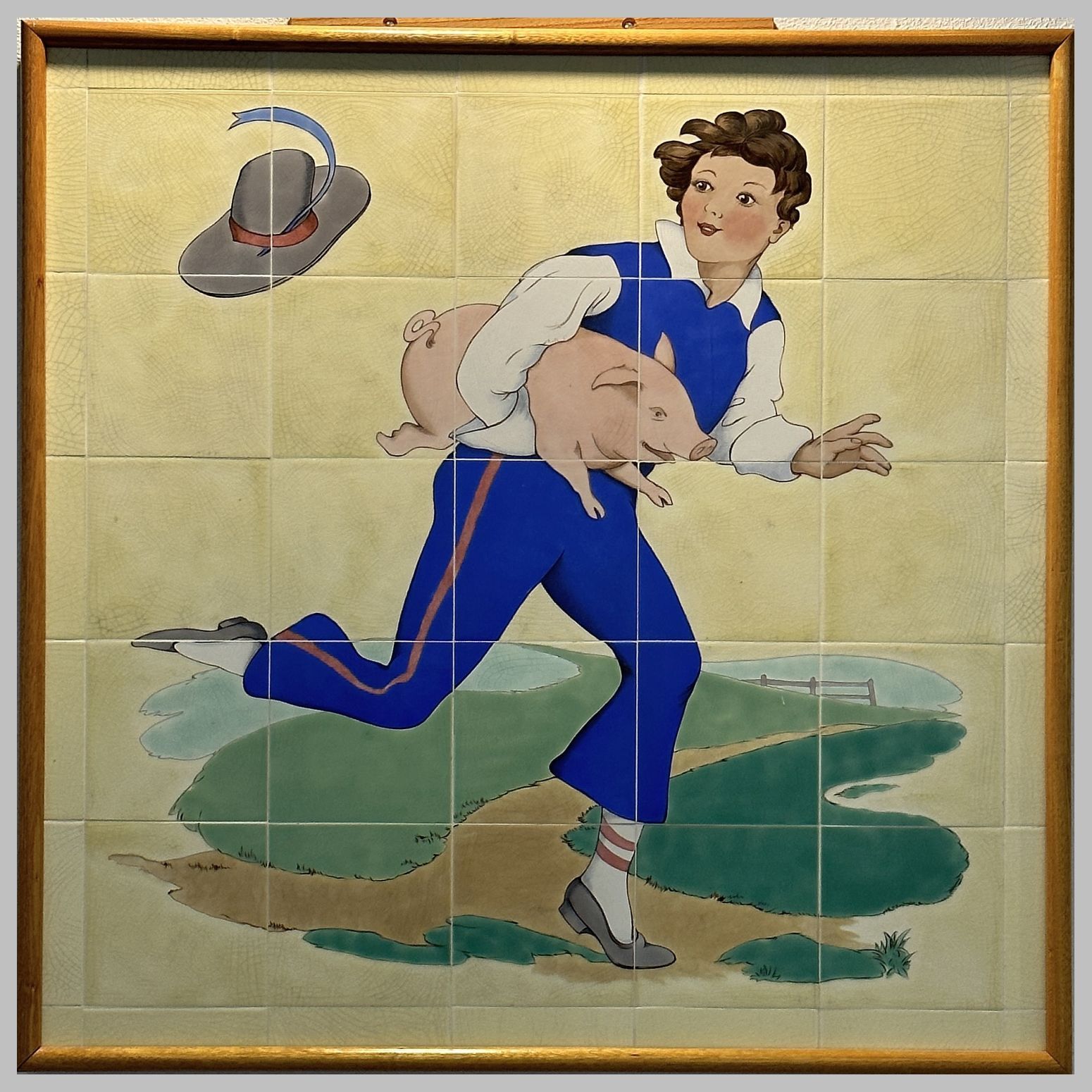 Jack and the Beanstalk nursery rhyme fairy tale scene painted on Doulton tiles (commissioned around 1900) from the Evelina Children's Hospital displayed in Guys' hospital.