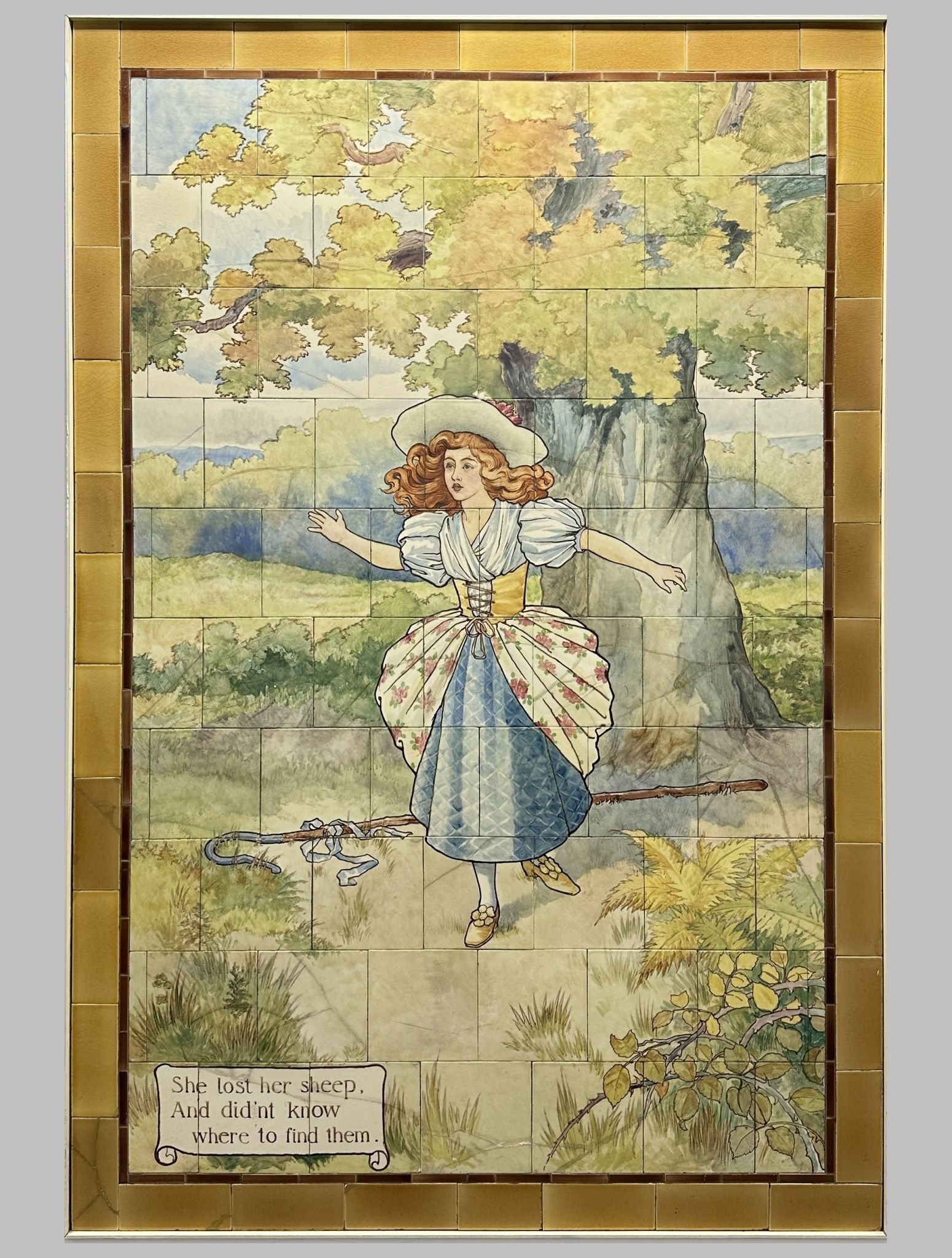 Little Bo Peep nursery rhyme fairy tale scene painted on Doulton tiles (commissioned around 1900) from the Evelina Children's Hospital displayed in the long corridor at St Thomas' hospital.