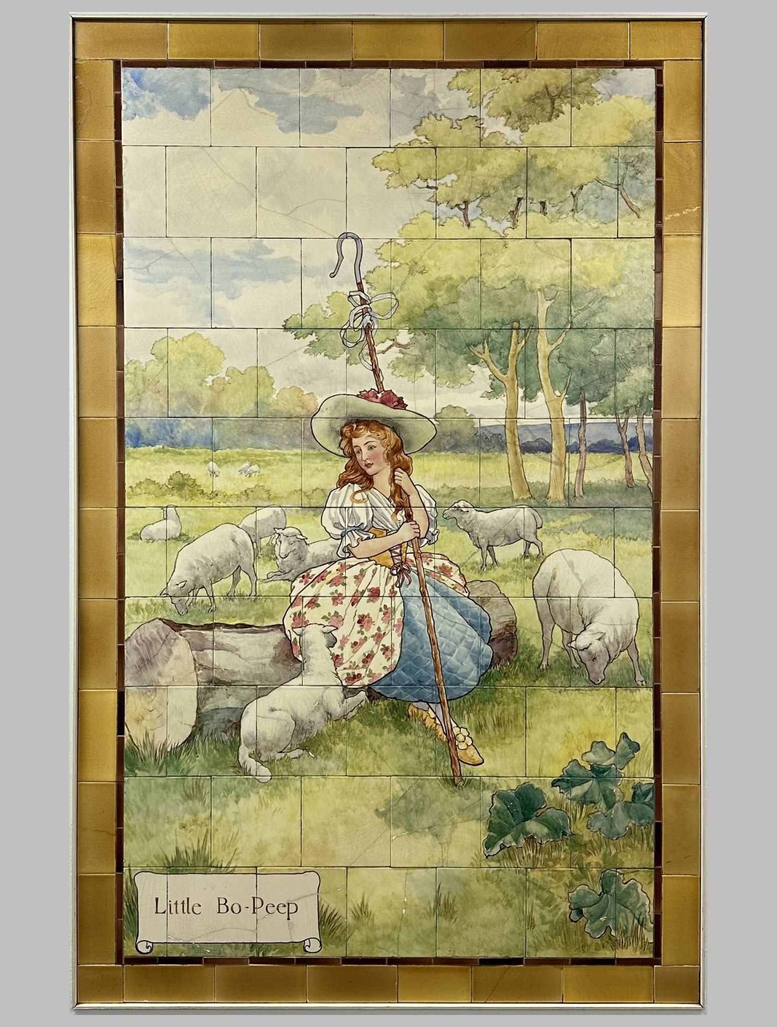 Little Bo Peep nursery rhyme fairy tale scene painted on Doulton tiles (commissioned around 1900) from the Evelina Children's Hospital displayed in the long corridor at St Thomas' hospital.