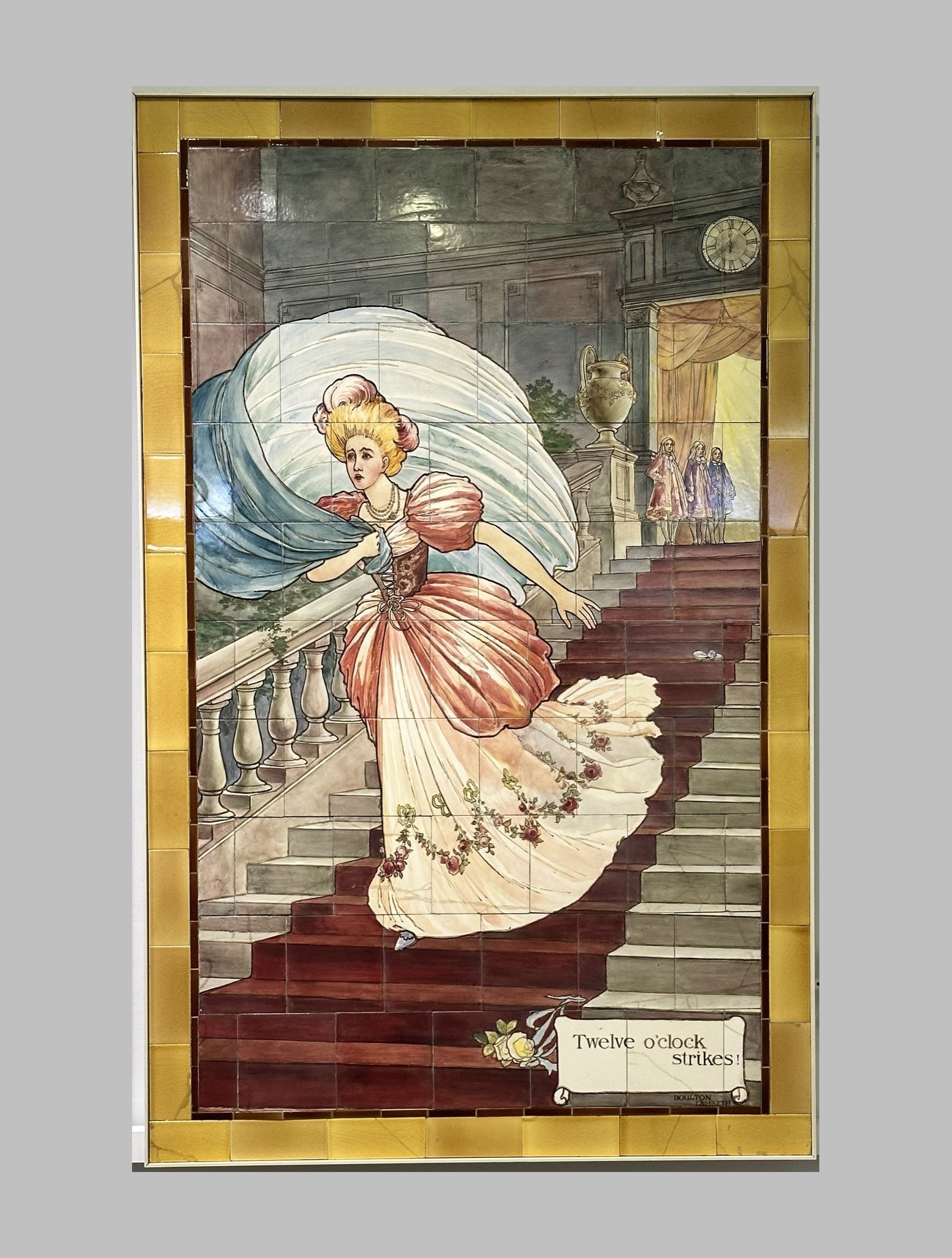 Cinderella nursery rhyme fairy tale scene painted on Doulton tiles (commissioned around 1900) from the Evelina Children's Hospital displayed in the long corridor of St Thomas' hospital.