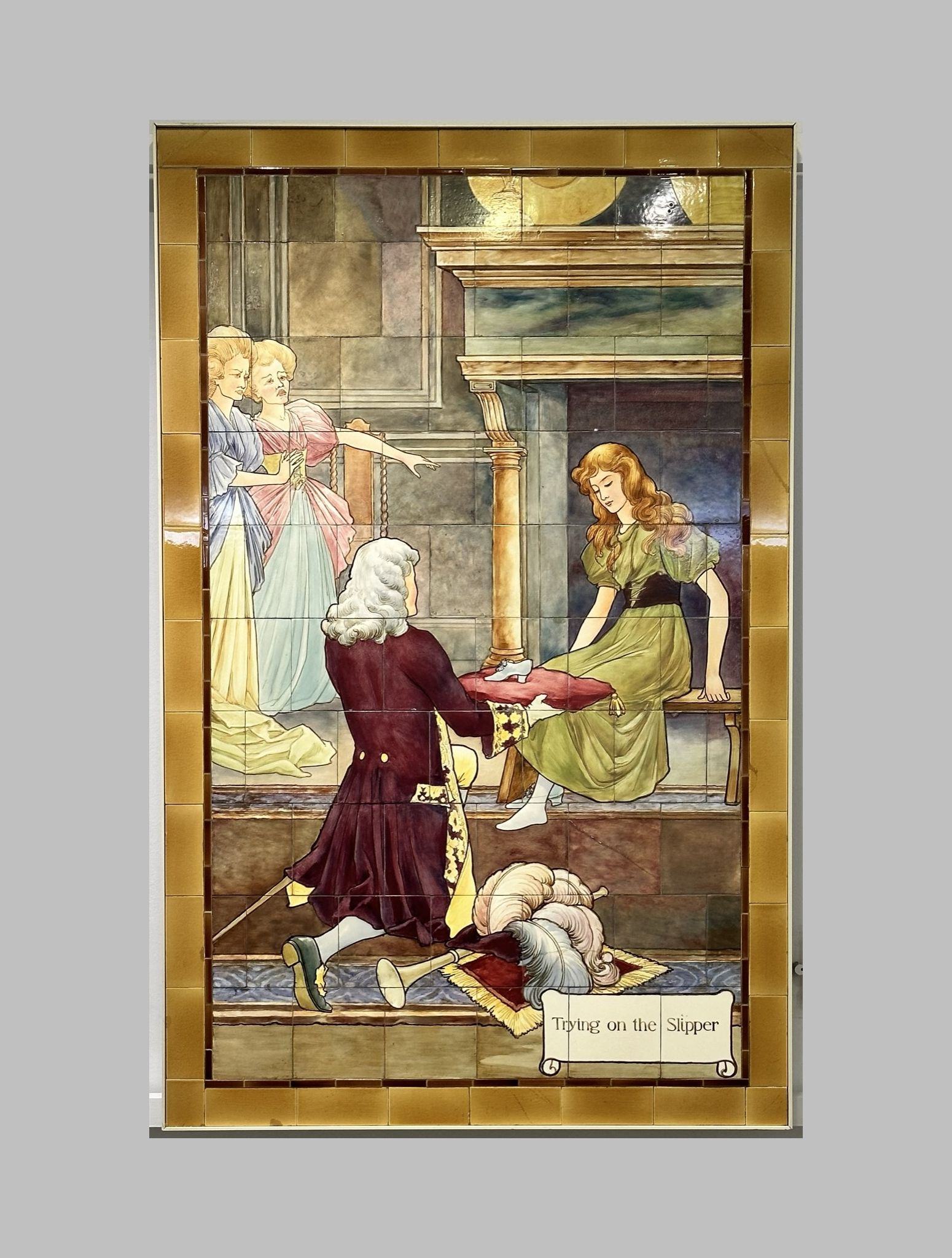 Cinderella nursery rhyme fairy tale scene painted on Doulton tiles (commissioned around 1900) from the Evelina Children's Hospital displayed in the long corridor of St Thomas' hospital.