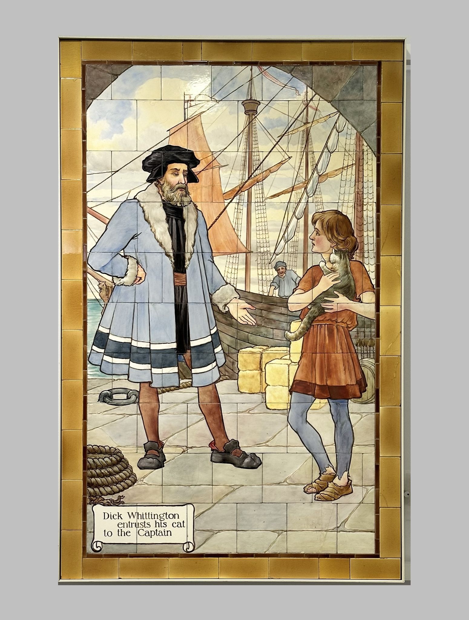 Dick Whittington And His Cat scene painted on Doulton tiles (commissioned around 1900) from the Evelina Children's Hospital displayed in the long corridor of  St Thomas' hospital.