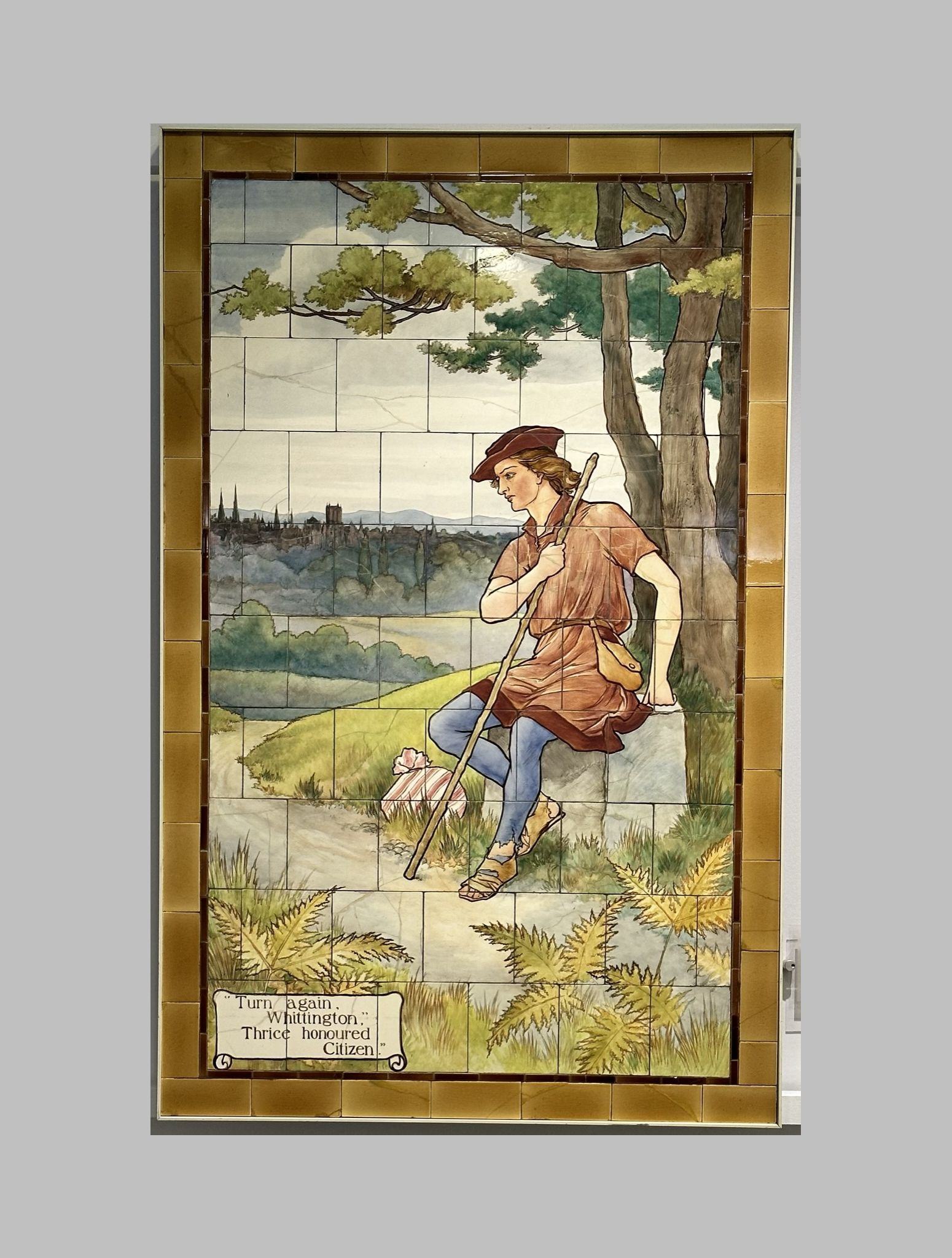 Dick Whittington And His Cat nursery rhyme fairy tale scene painted on Doulton tiles (commissioned around 1900) from the Evelina Children's Hospital displayed in the long corridor of  St Thomas' hospital.