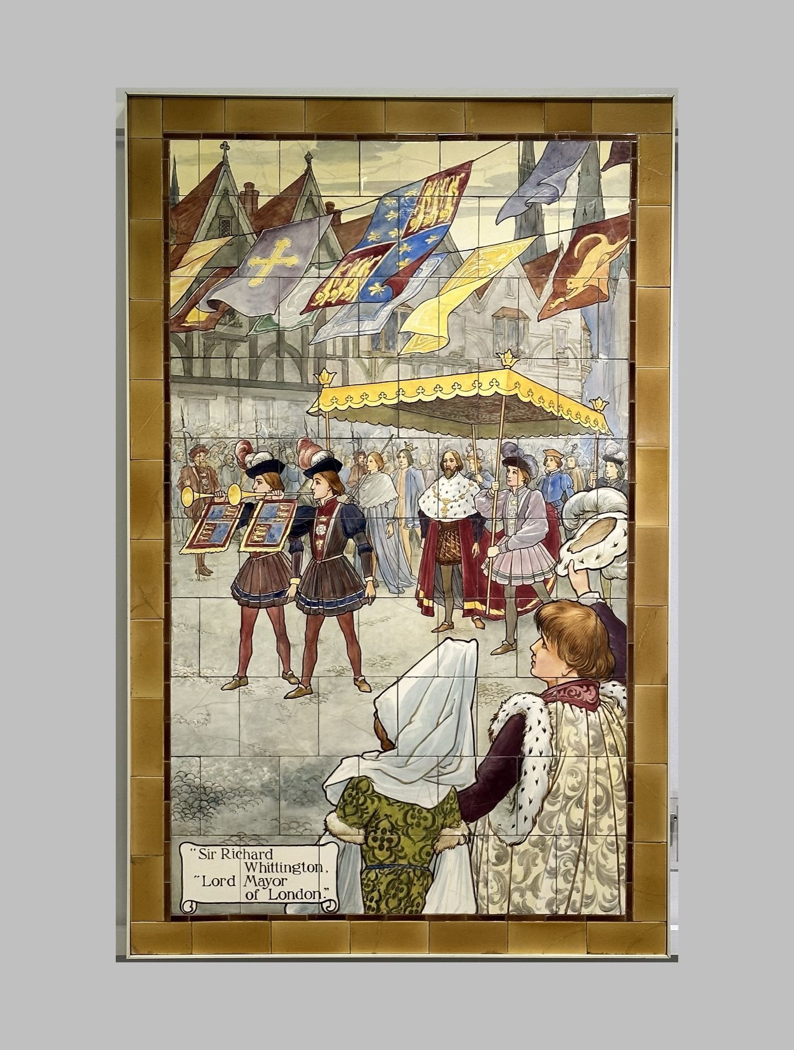 Dick Whittington And His Cat nursery rhyme fairy tale scene painted on Doulton tiles (commissioned around 1900) from the Evelina Children's Hospital displayed in the long corridor of St Thomas' hospital.
