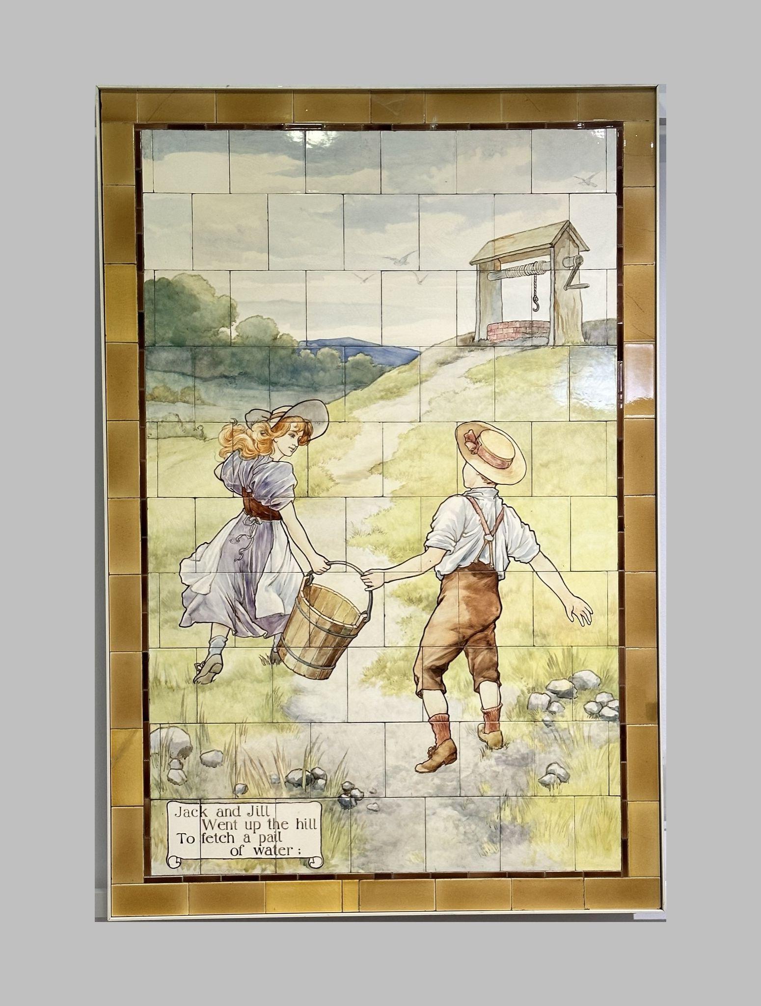 Jack And Jill nursery rhyme fairy tale scene painted on Doulton tiles (commissioned around 1900) from the Evelina Children's Hospital displayed in the long corridor at St Thomas' hospital.