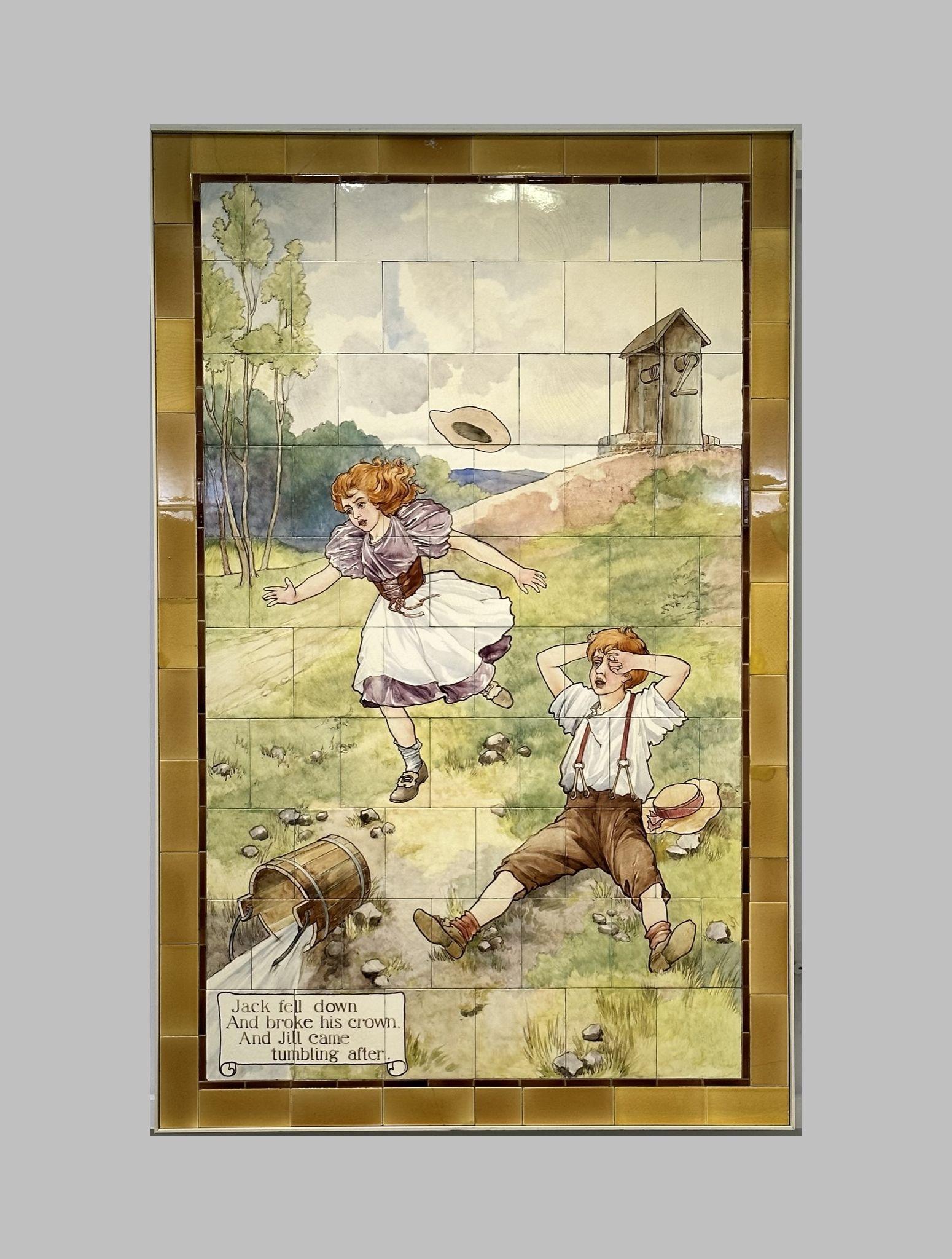 Jack And Jill nursery rhyme fairy tale scene painted on Doulton tiles (commissioned around 1900) from the Evelina Children's Hospital displayed in the long corridor of at St Thomas' hospital.
