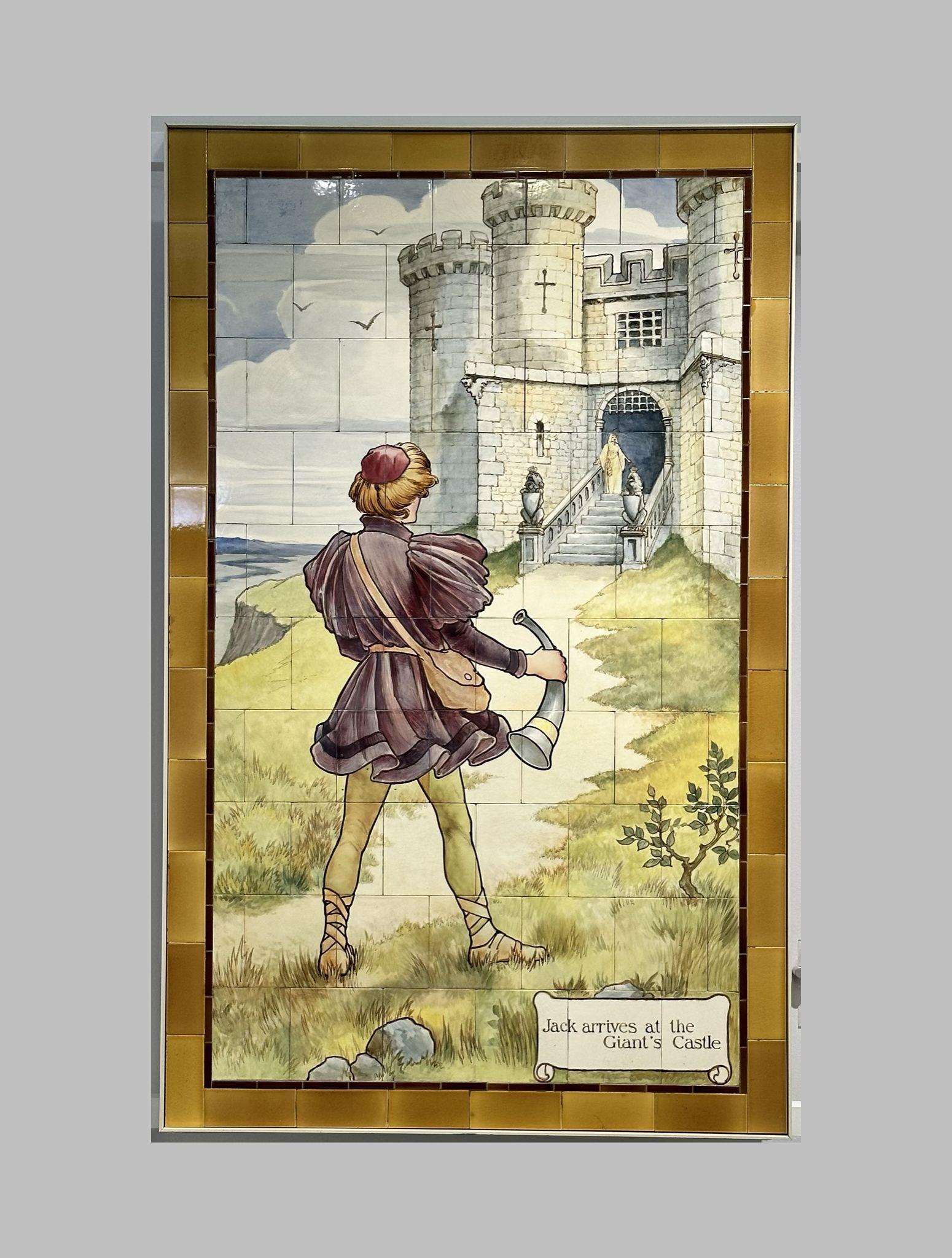 Jack and The Beanstalk nursery rhyme fairy tale scene painted on Doulton tiles (commissioned around 1900) from the Evelina Children's Hospital displayed in the long corridor of at St Thomas' hospital.